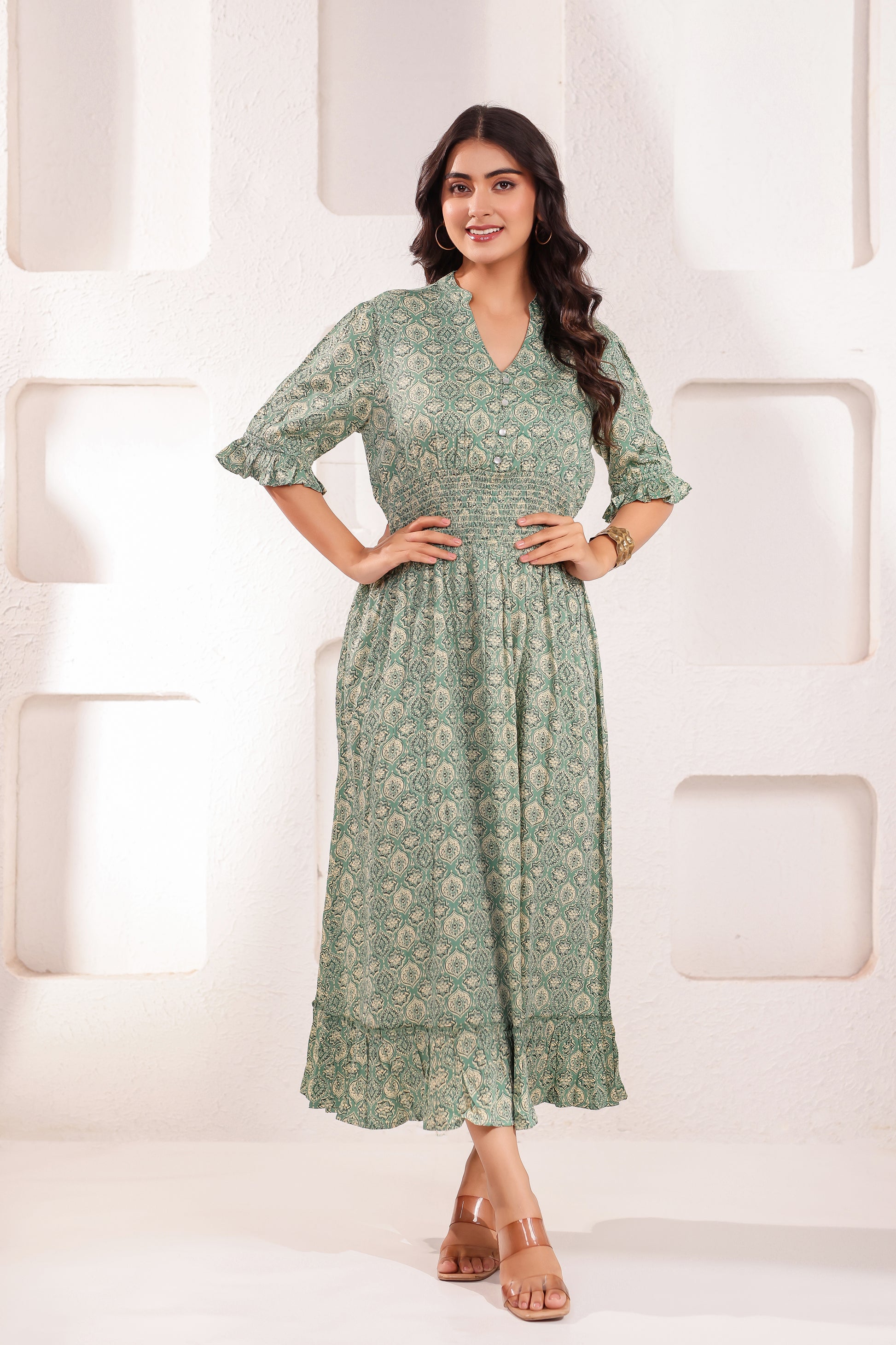 Designer Green V-Neck Printed Midi Dress