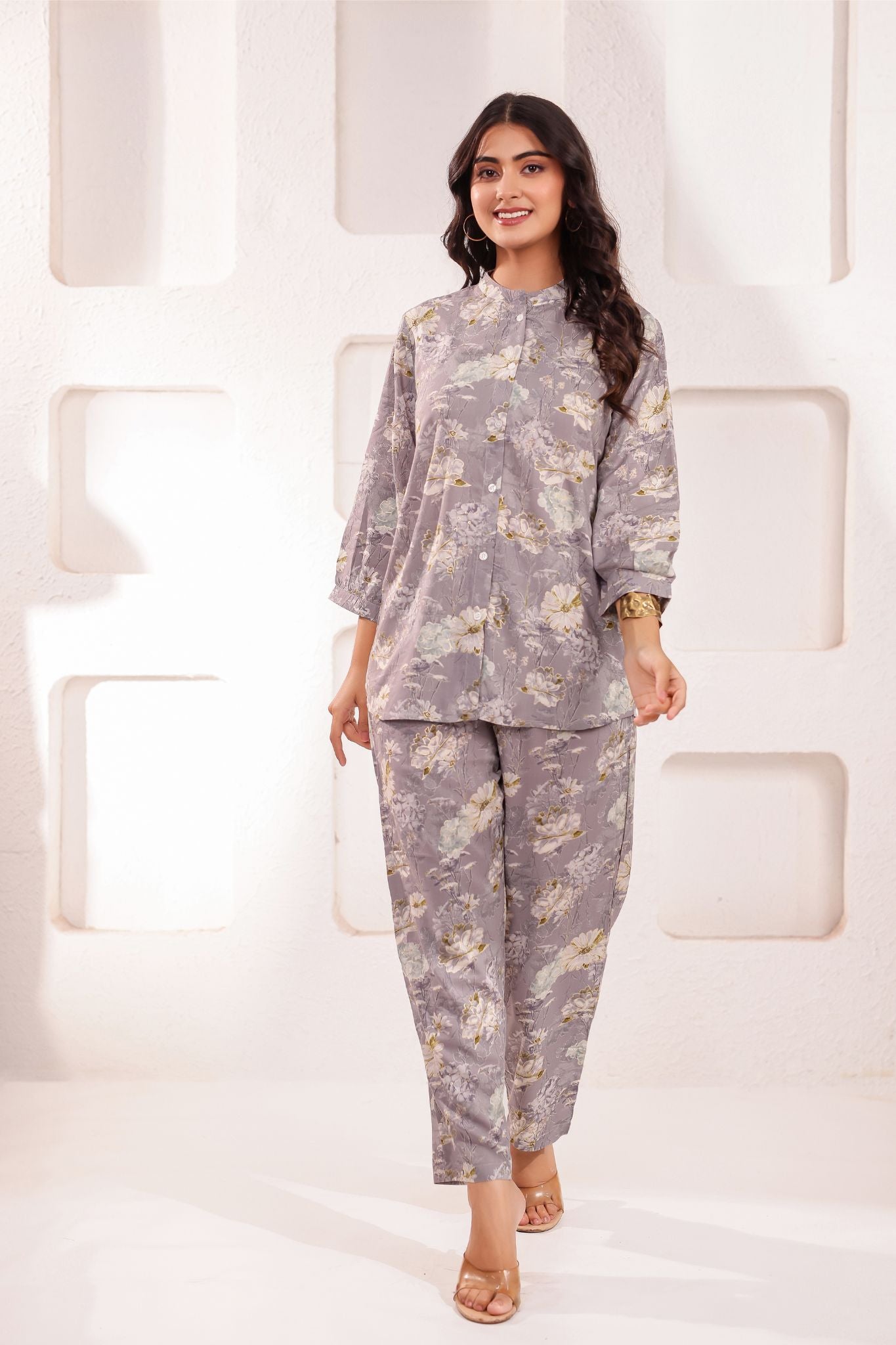 Floral A-Line Chinese Collar Printed Co-ord Set