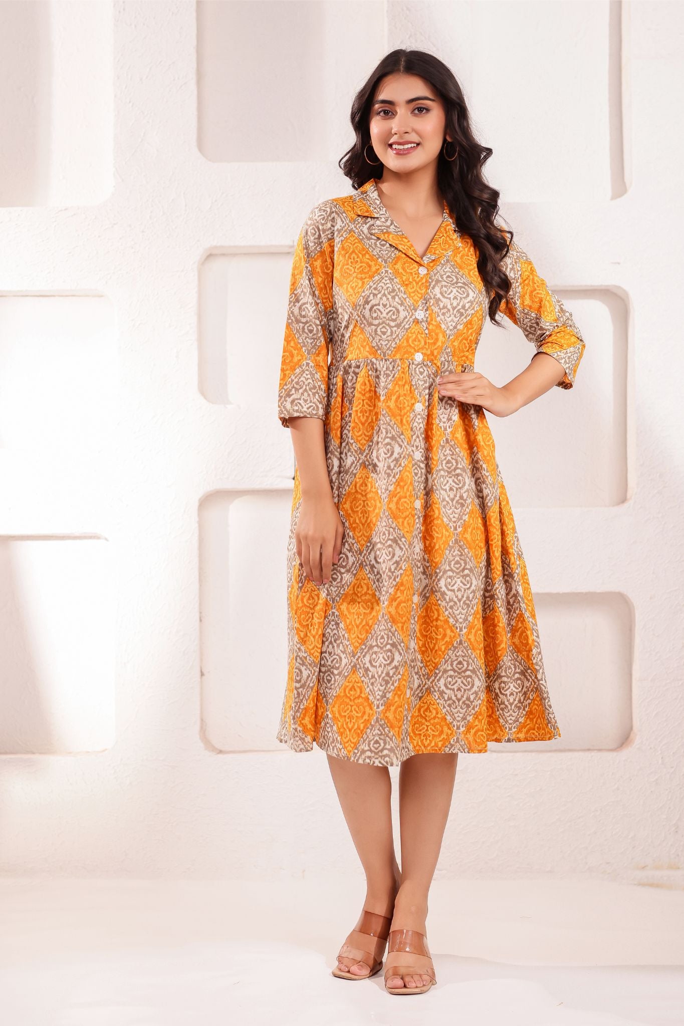 Designer Coat Collar Printed Midi Dress