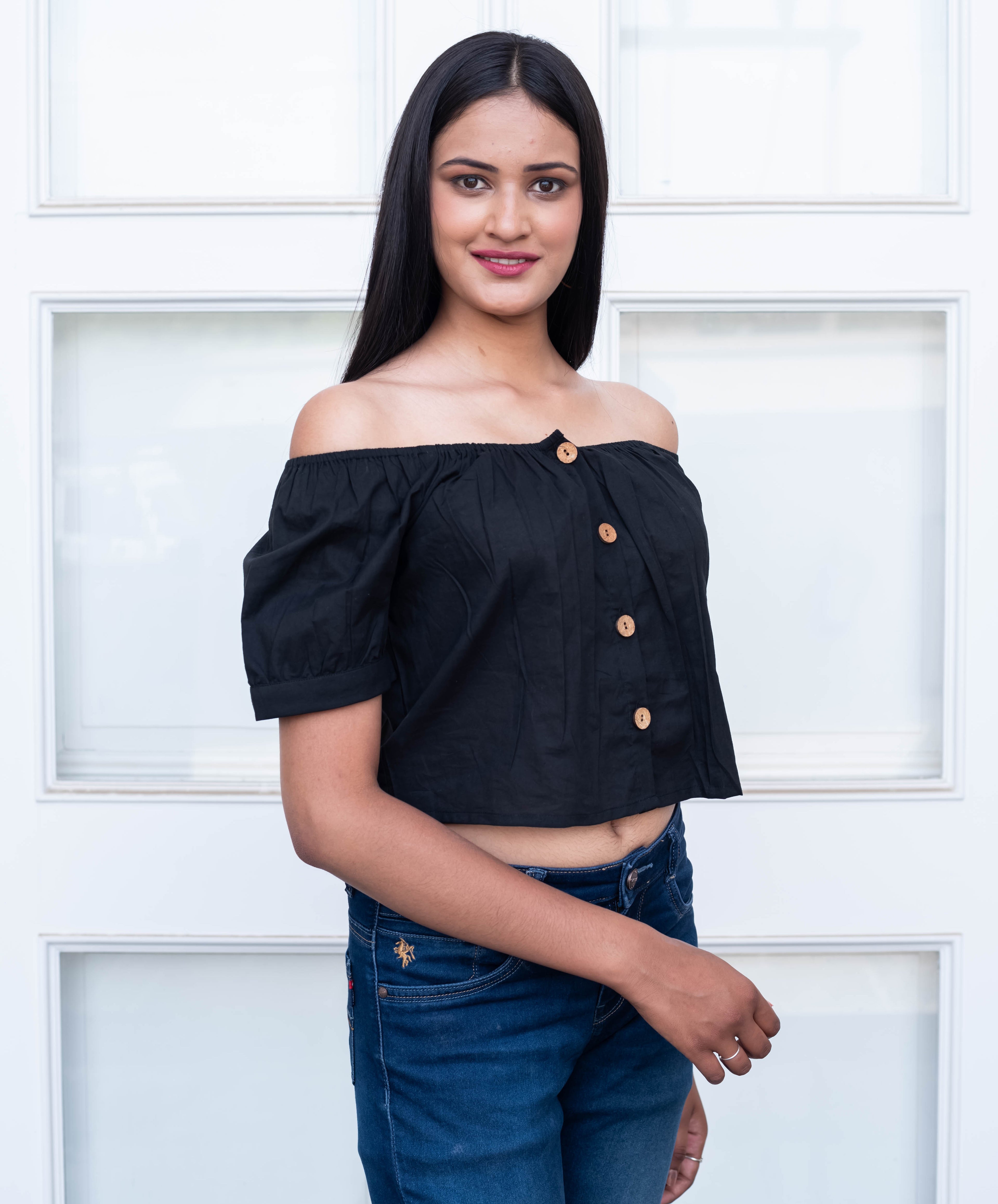 Black Off-Shoulder Button-Front Crop Top