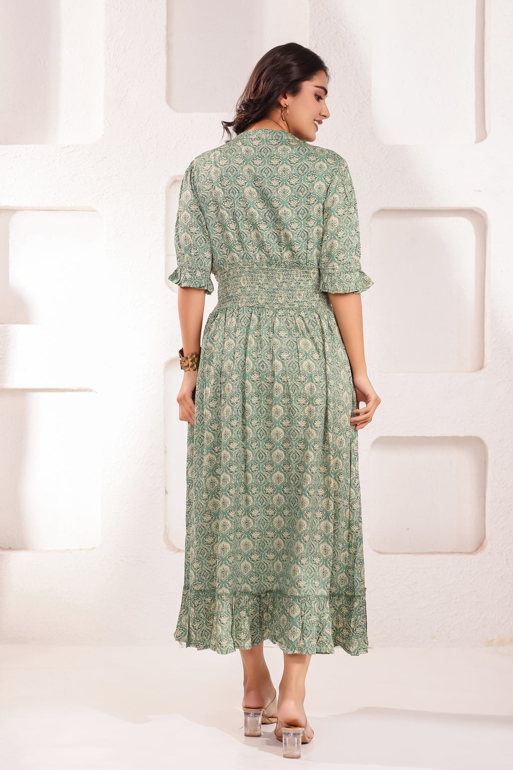 Designer Green V-Neck Printed Midi Dress
