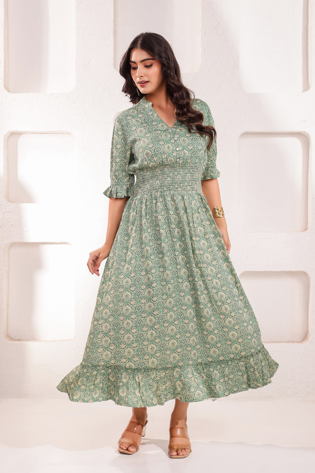 Designer Green V-Neck Printed Midi Dress