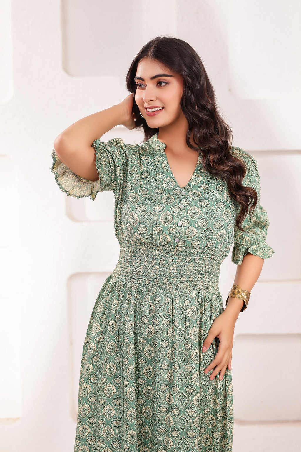 Designer Green V-Neck Printed Midi Dress