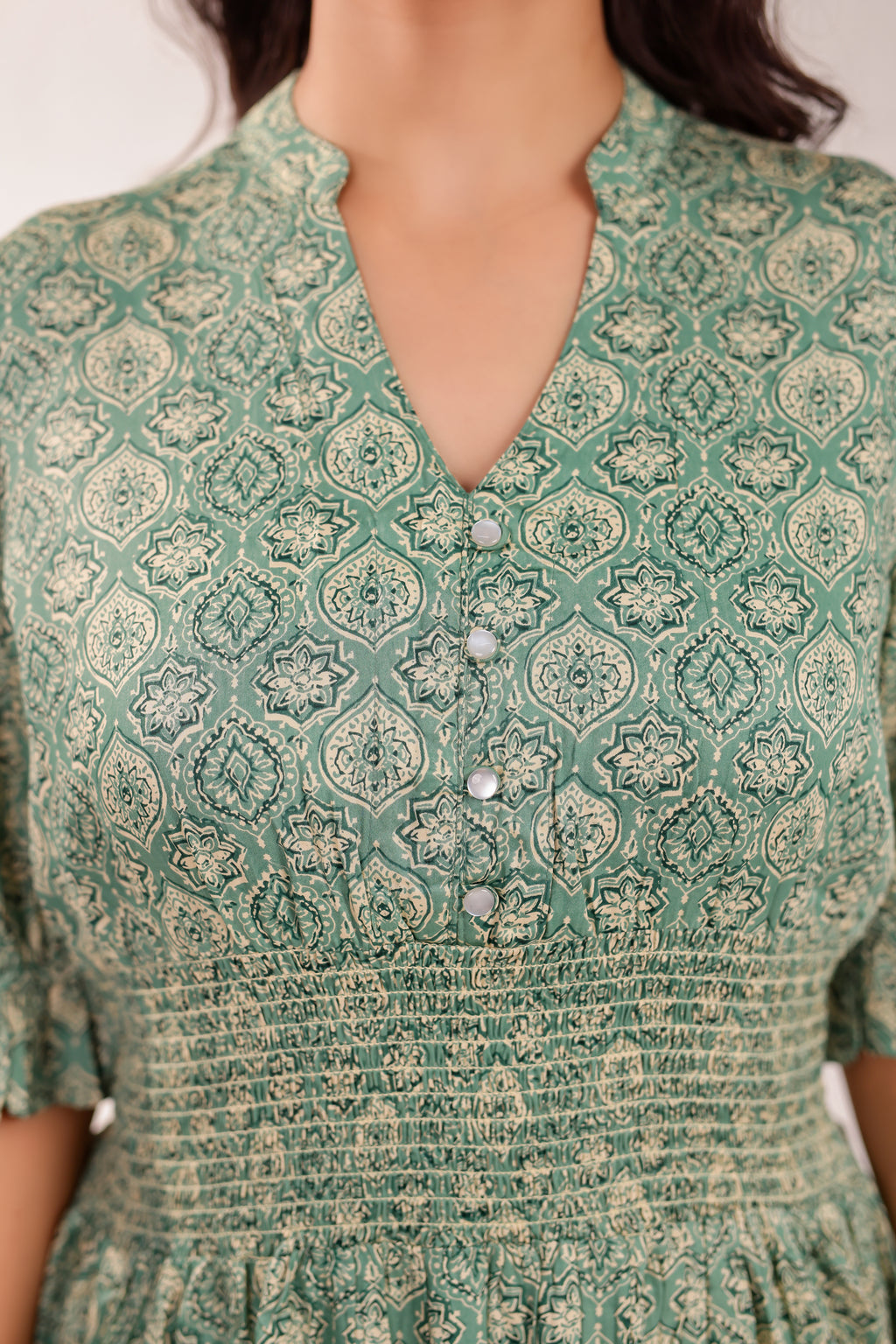 Designer Green V-Neck Printed Midi Dress