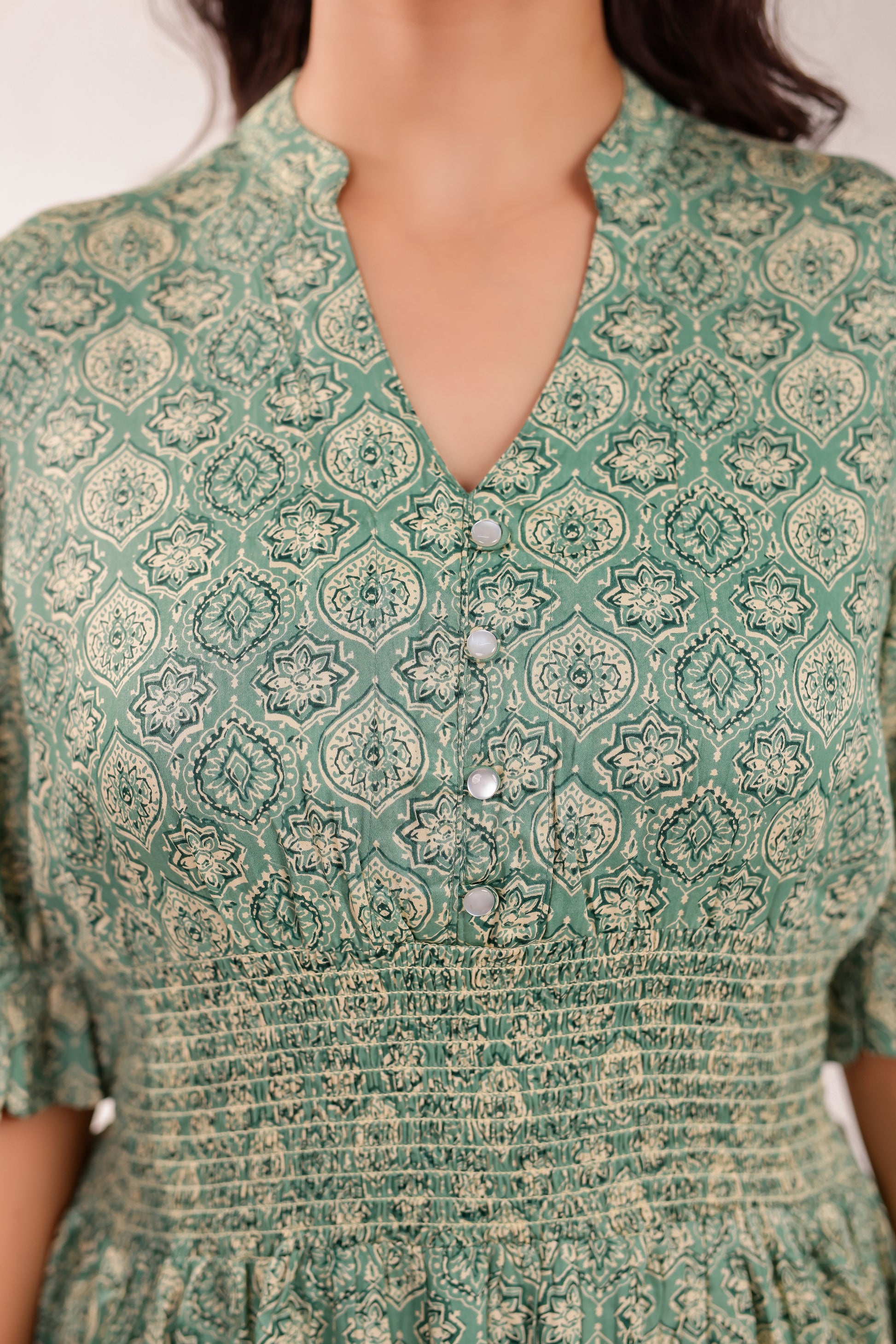 Designer Green V-Neck Printed Midi Dress
