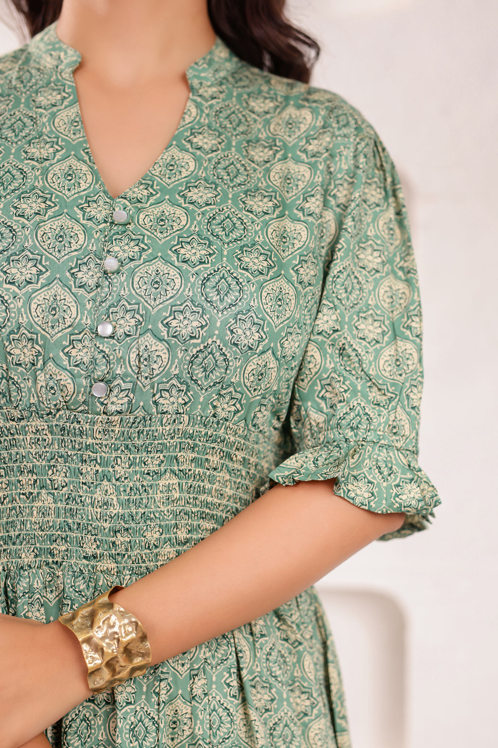 Designer Green V-Neck Printed Midi Dress