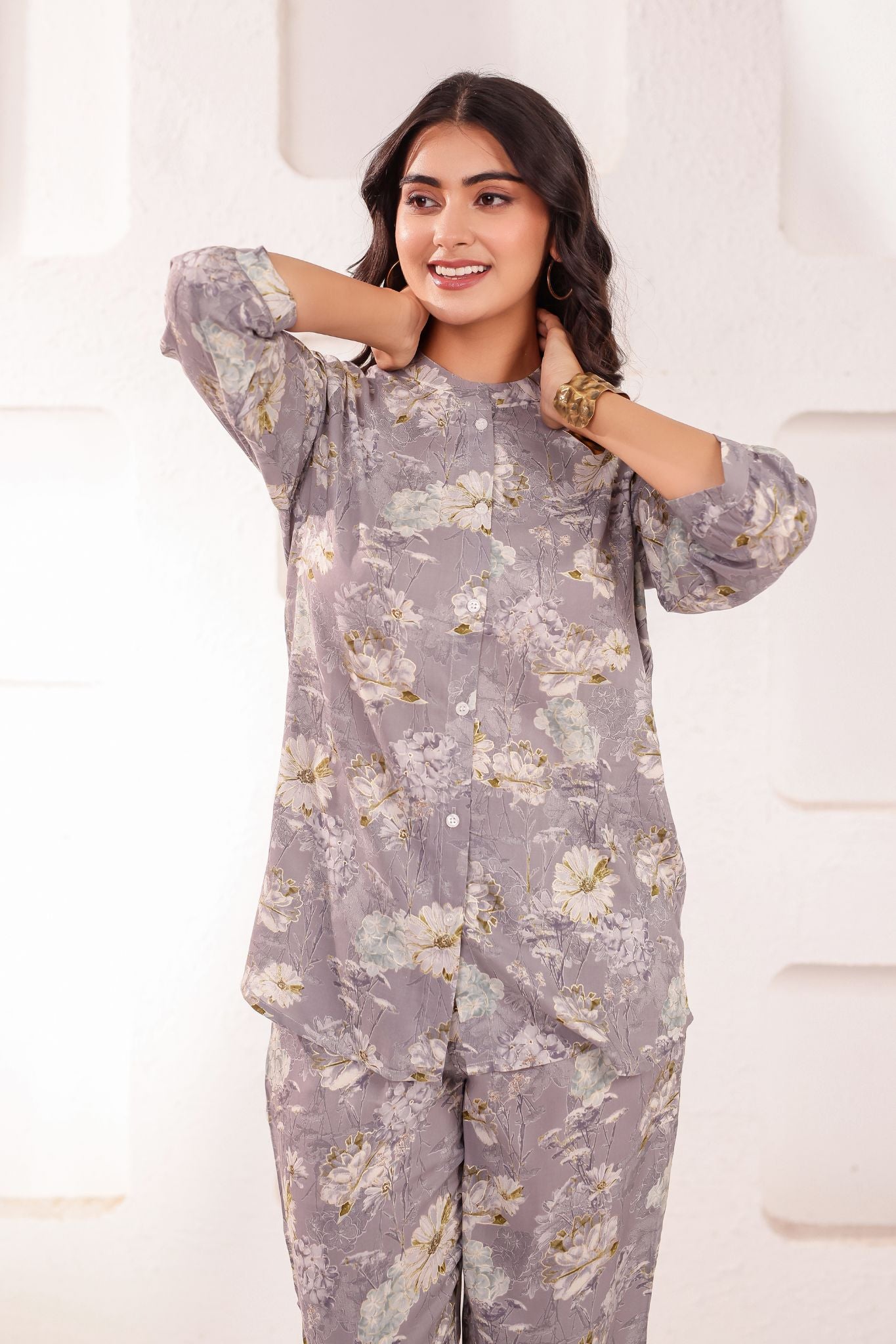 Floral A-Line Chinese Collar Printed Co-ord Set