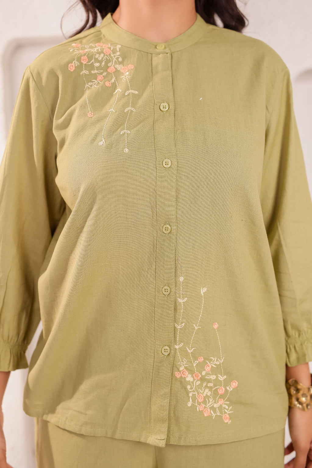 Floral Chinese Collar Embroidered Co-ord Set