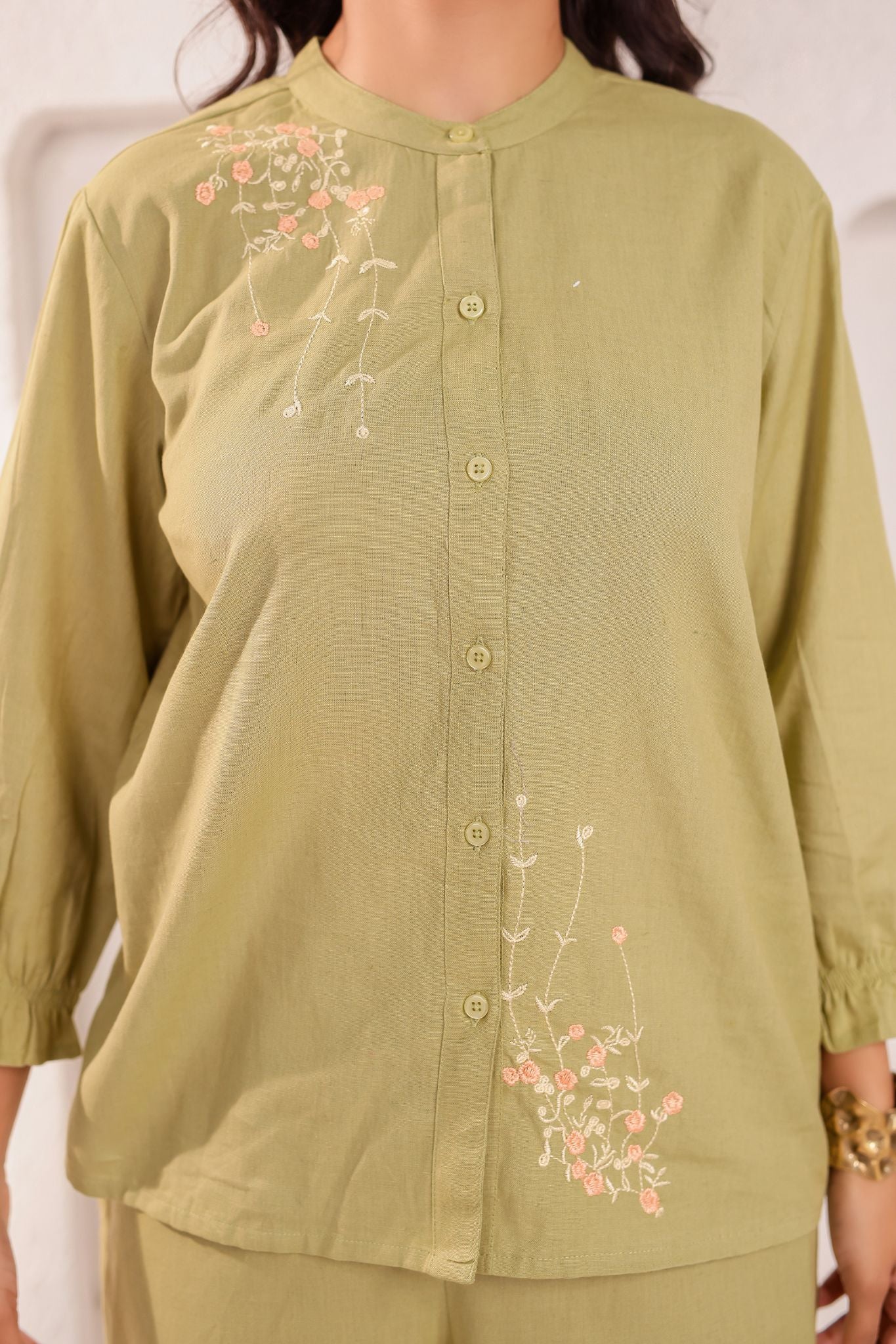 Floral Chinese Collar Embroidered Co-ord Set