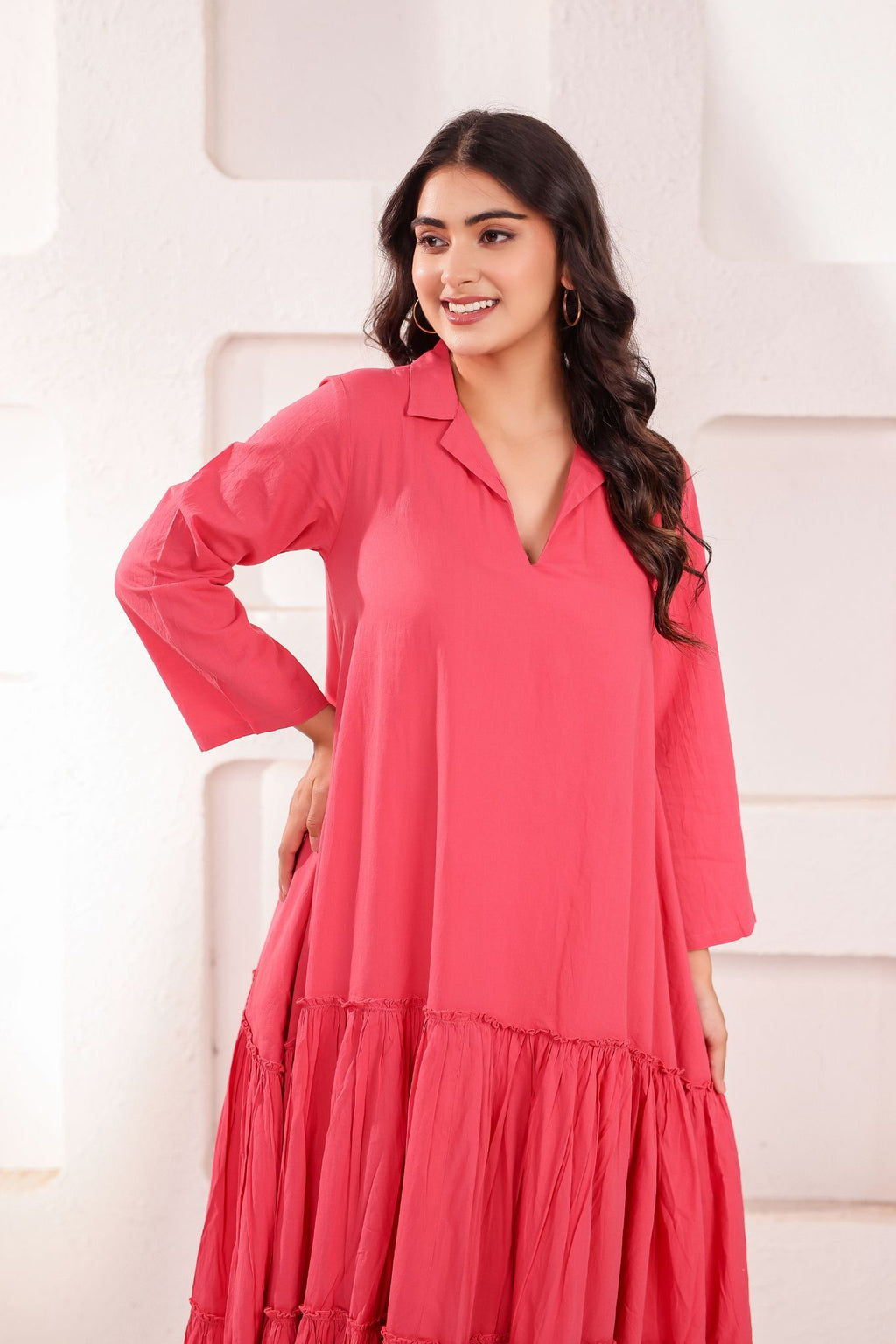 Premium V-Neck Tiered Midi Dress
