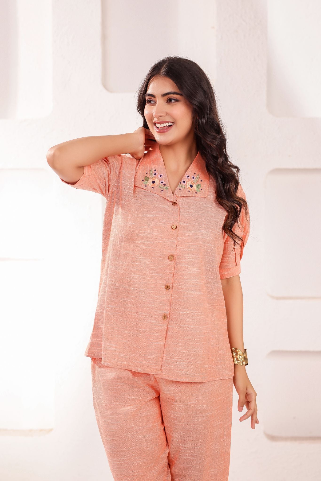 Stylish Shirt Collar Embroidered Co-ord Set