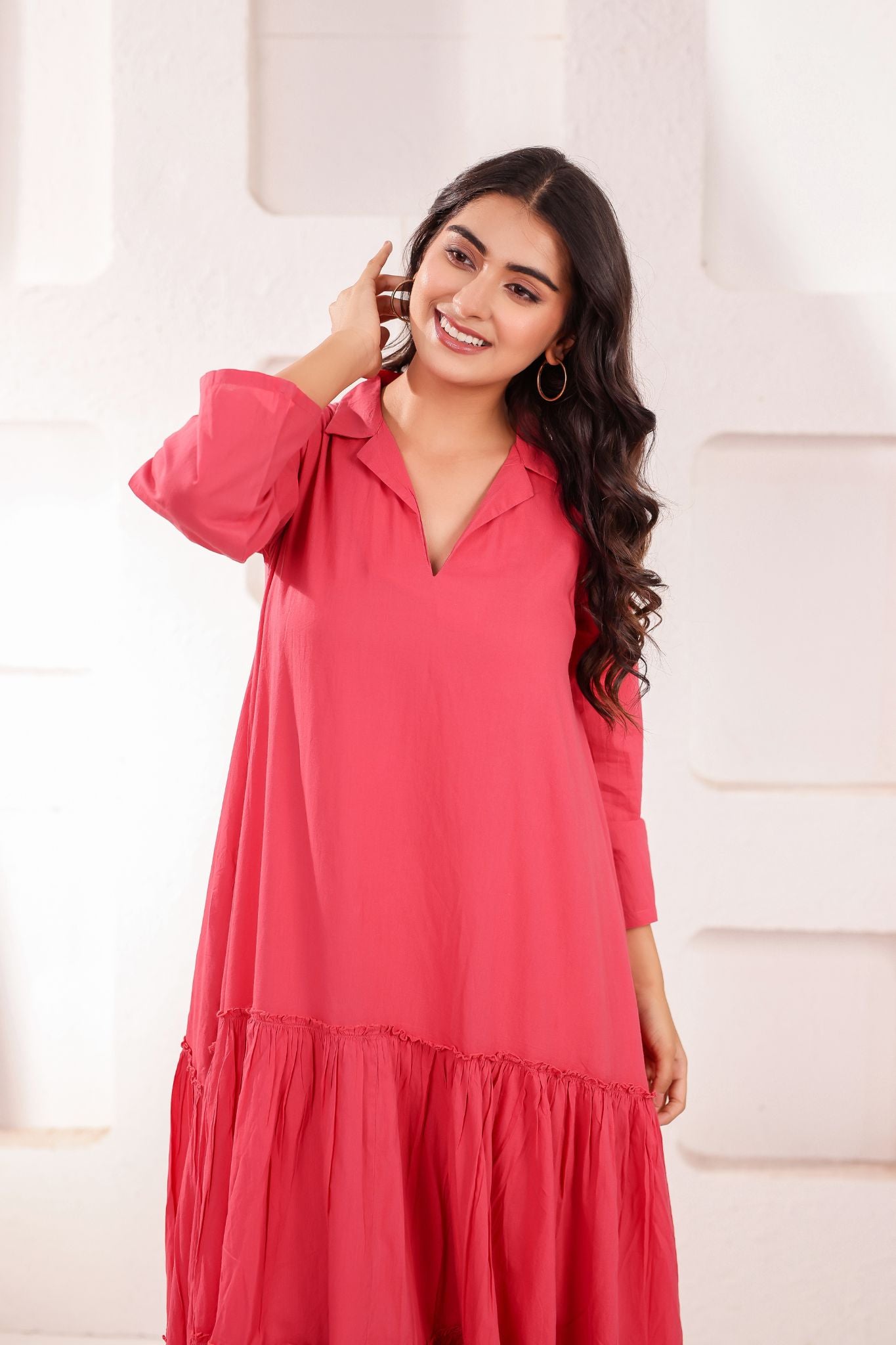 Premium V-Neck Tiered Midi Dress
