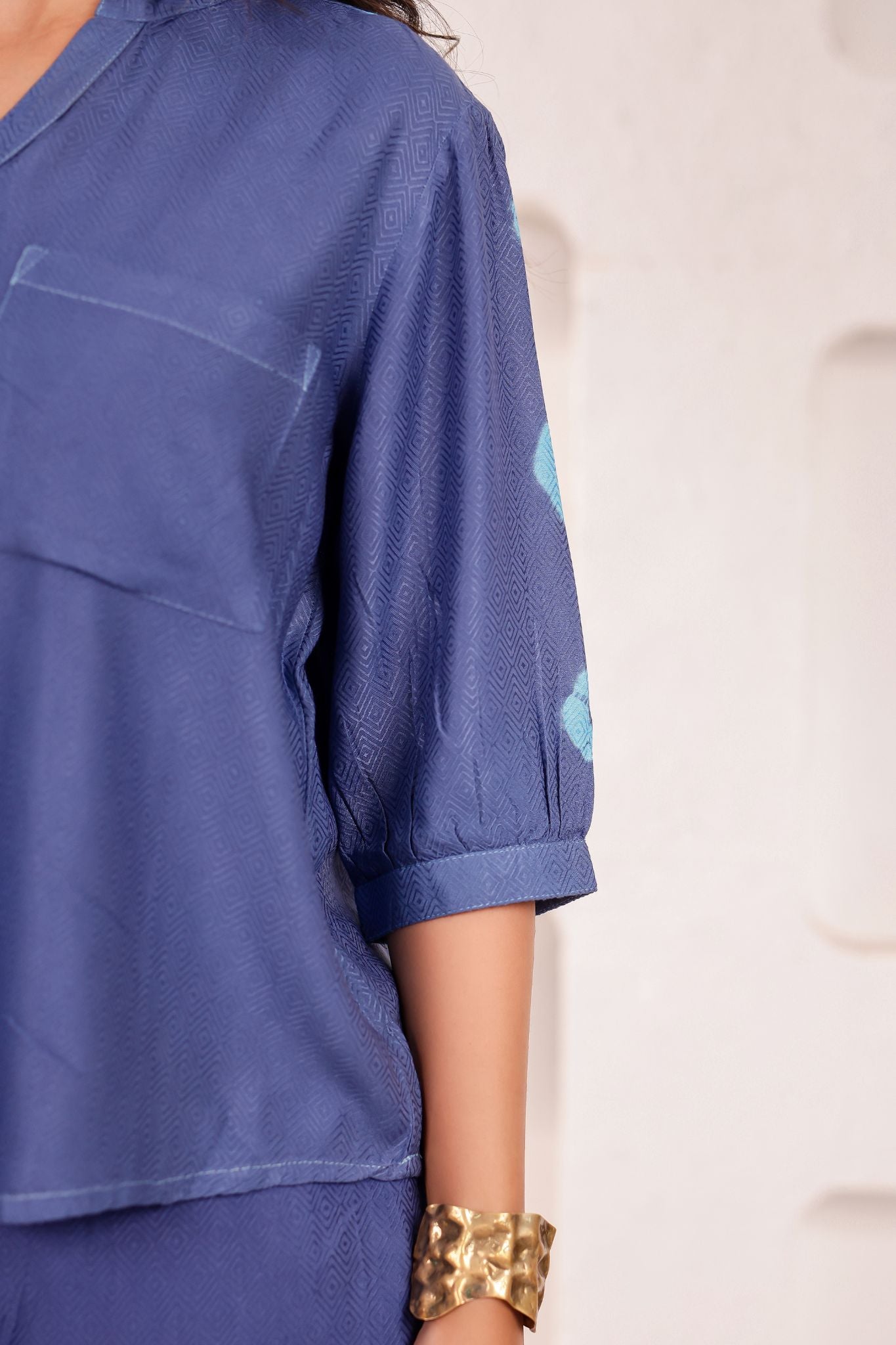 Elegant Blue Chinese Collar Midi Dress