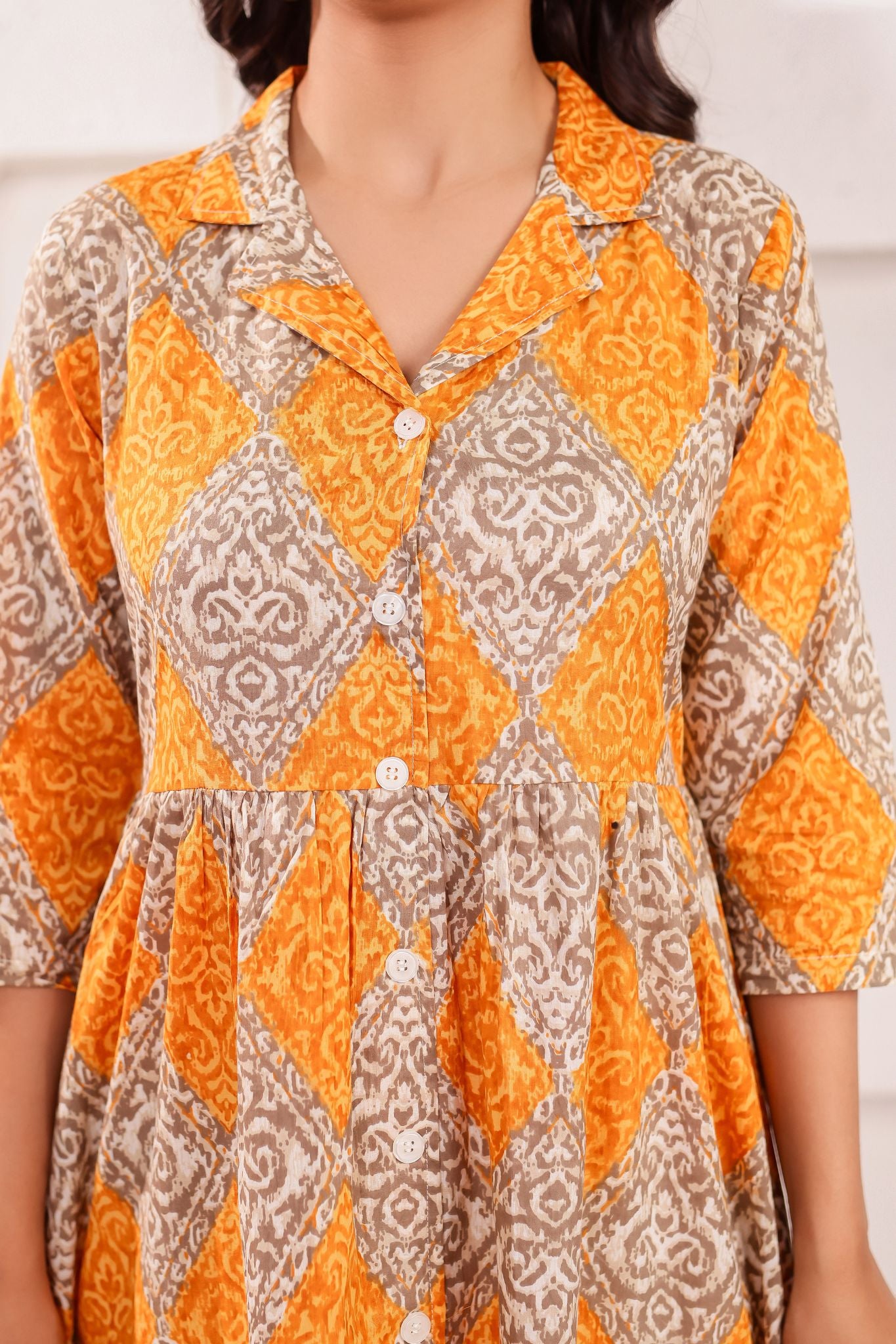 Designer Coat Collar Printed Midi Dress