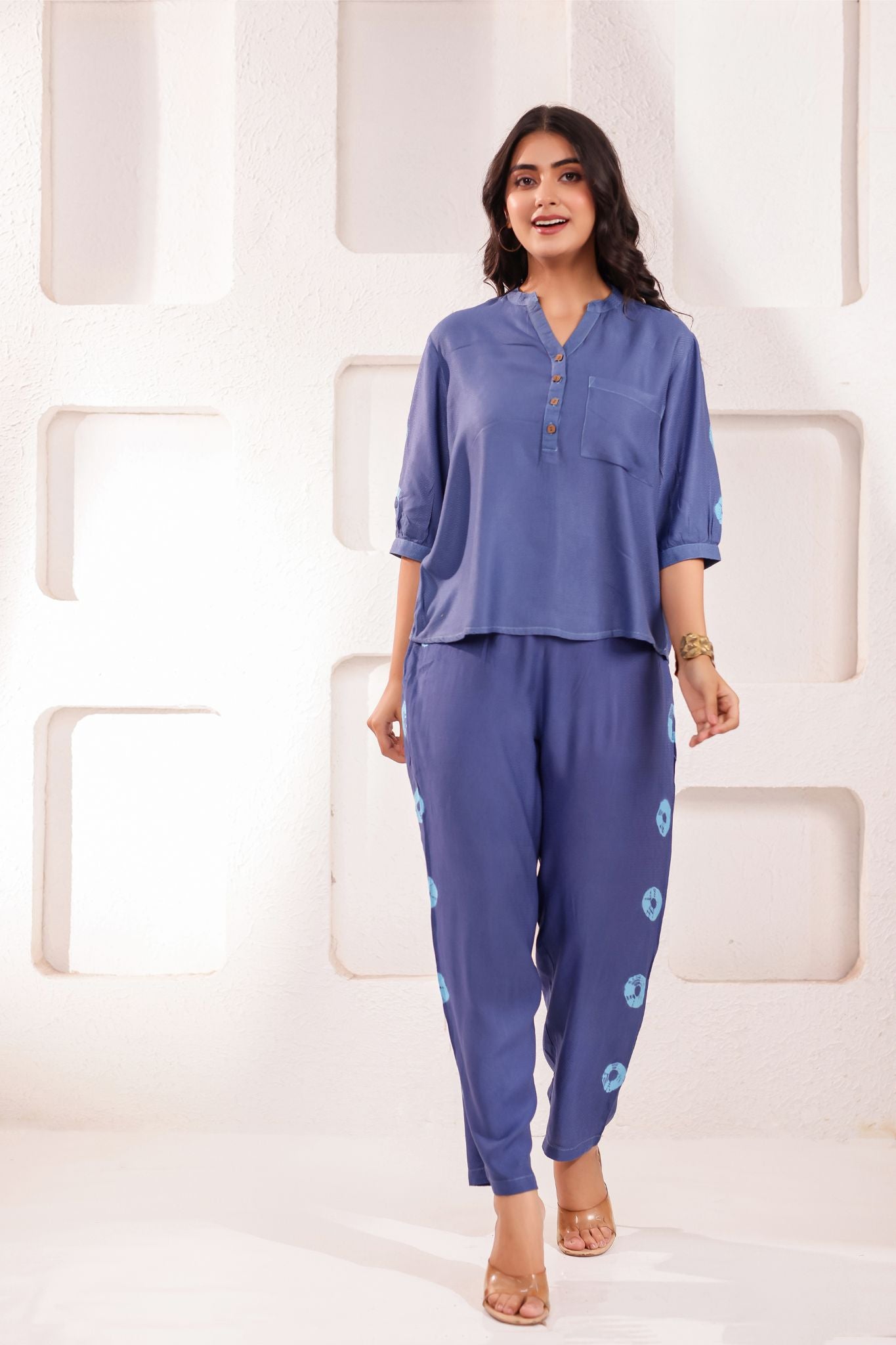 Elegant Blue Chinese Collar Midi Dress