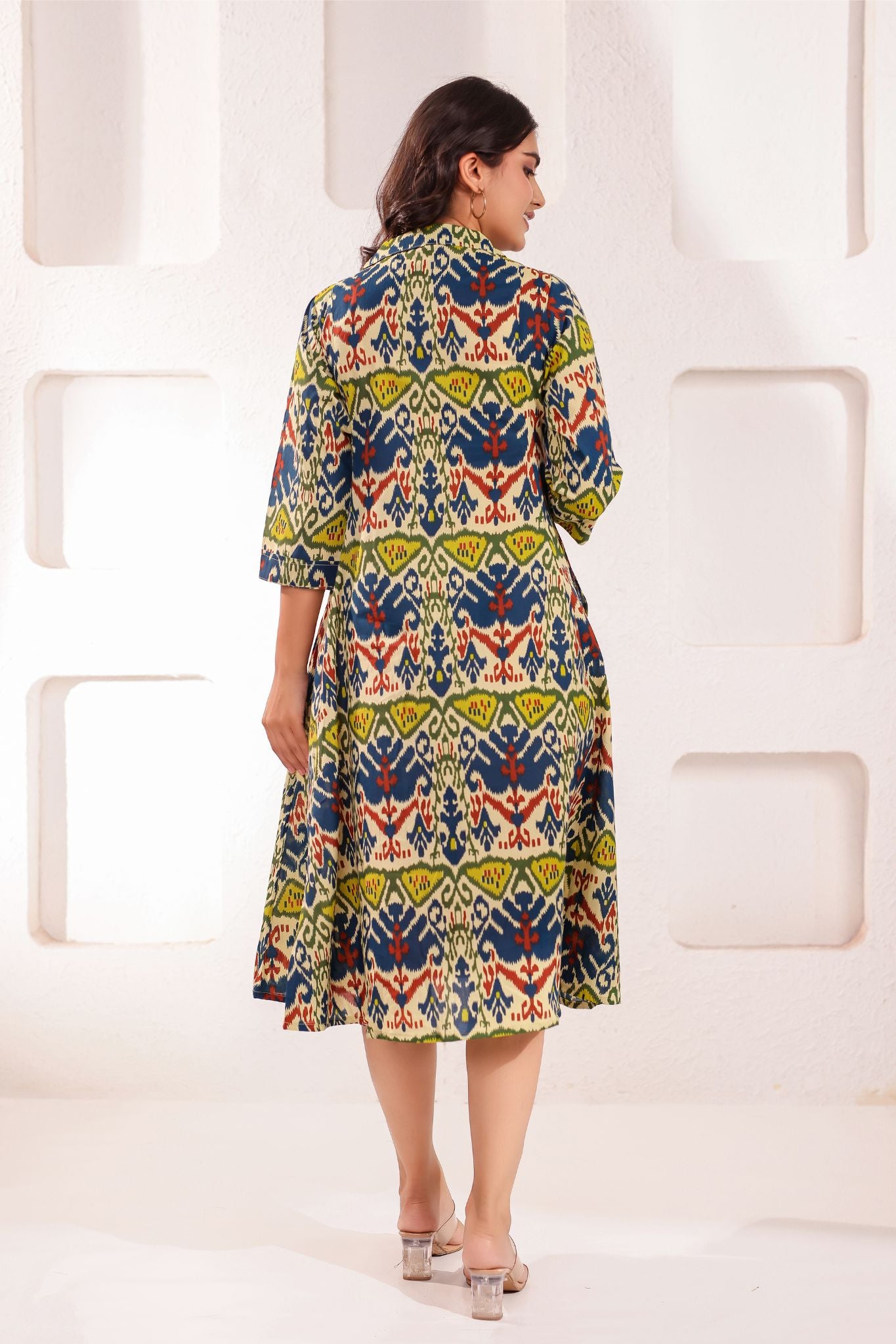 Designer Shirt Collar Printed Midi Dress
