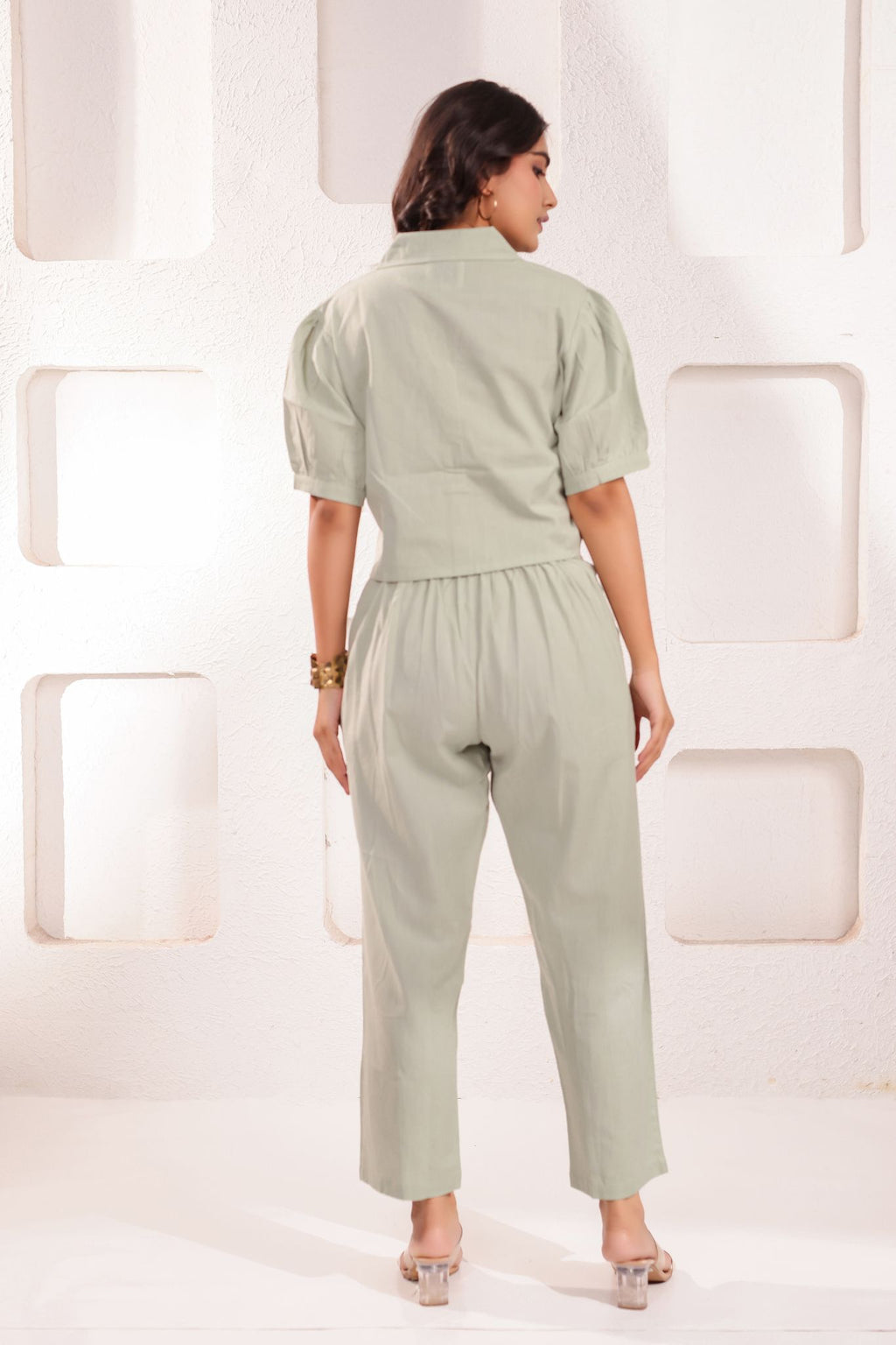 Elegant Light Green Shirt Collar Co-ord Set