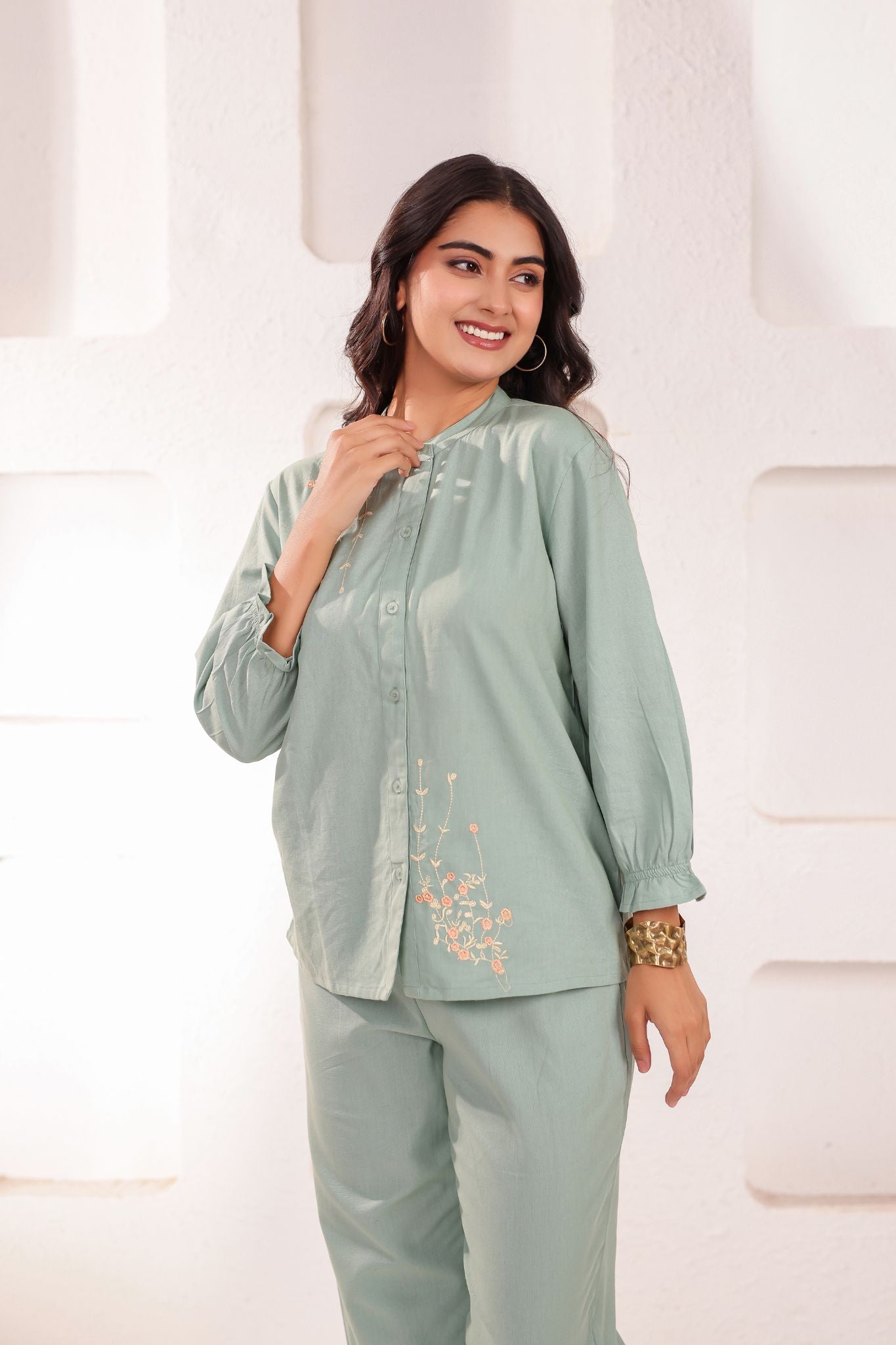 Floral Chinese Collar Embroidered Co-ord Set