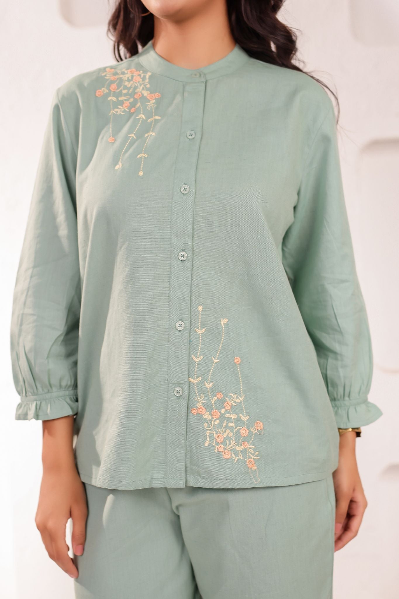 Floral Chinese Collar Embroidered Co-ord Set