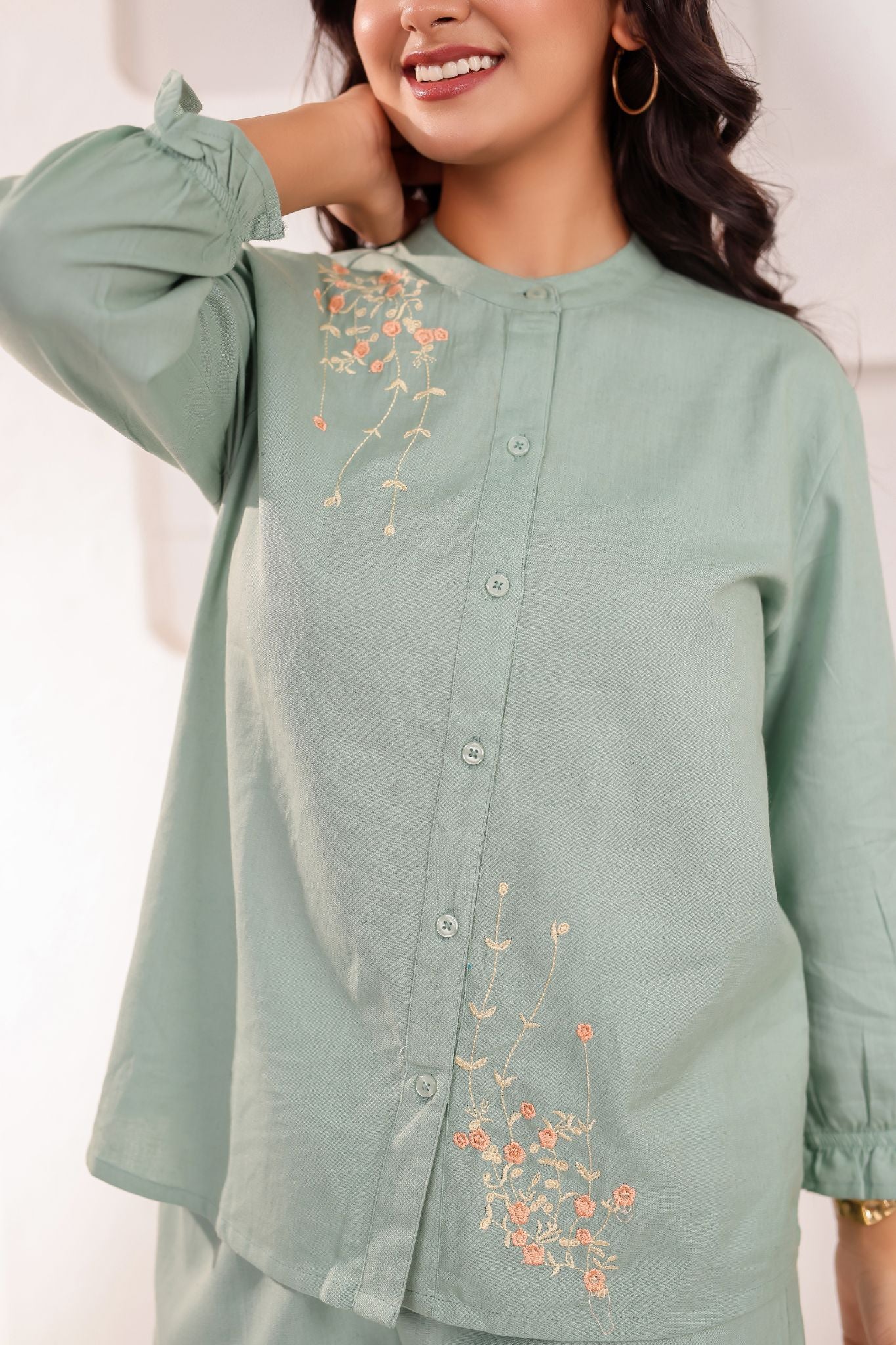 Floral Chinese Collar Embroidered Co-ord Set