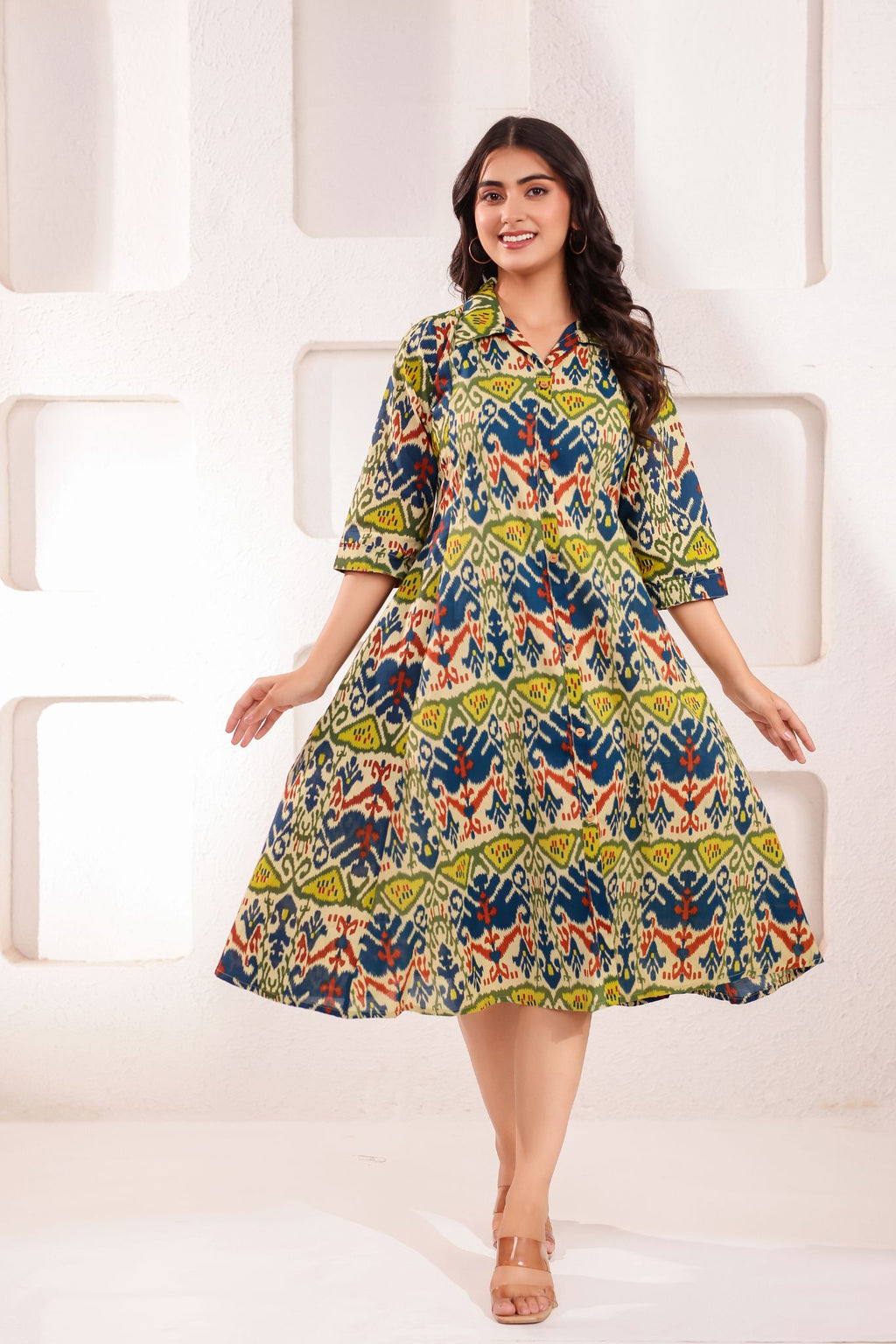 Designer Shirt Collar Printed Midi Dress