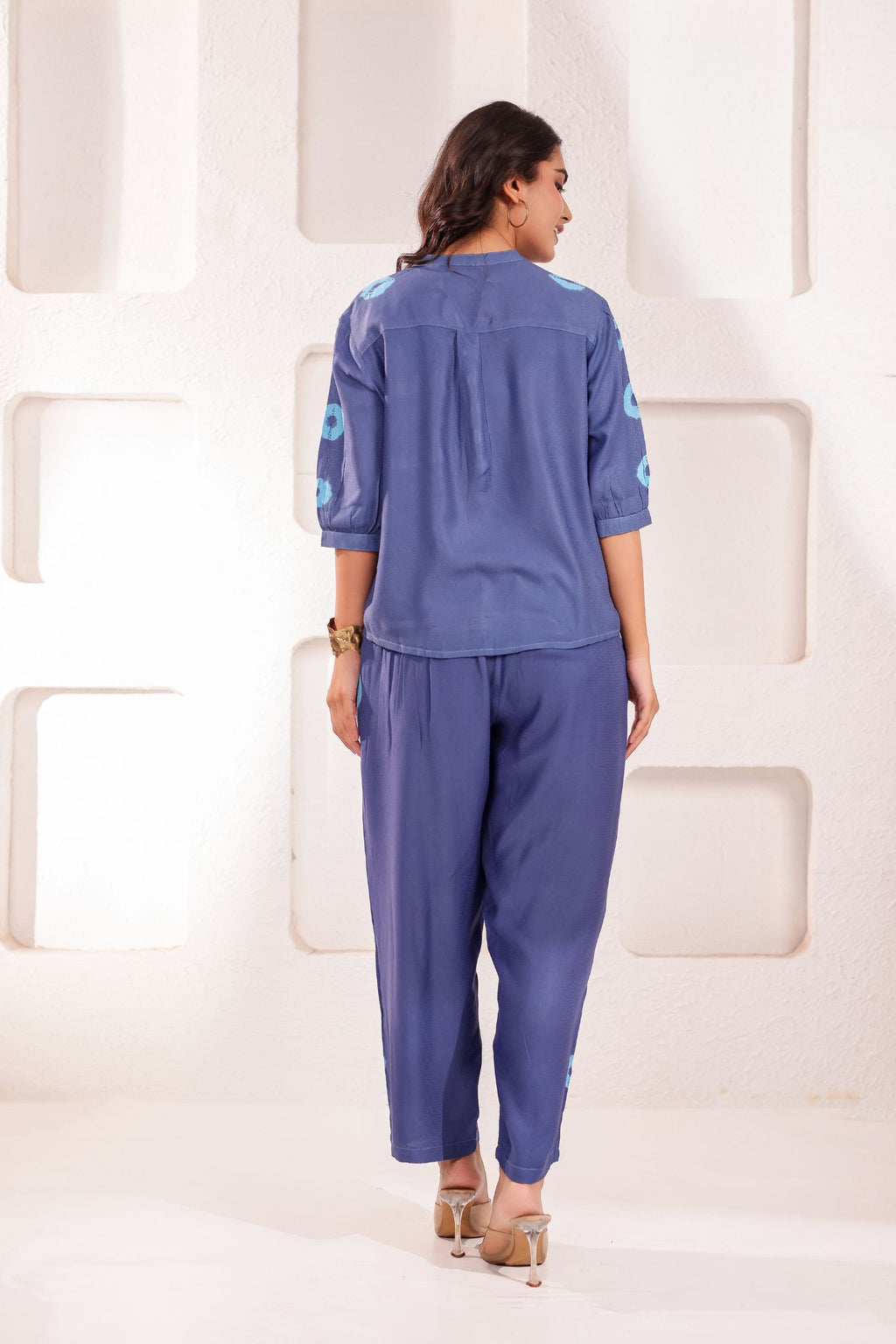 Elegant Blue Chinese Collar Midi Dress