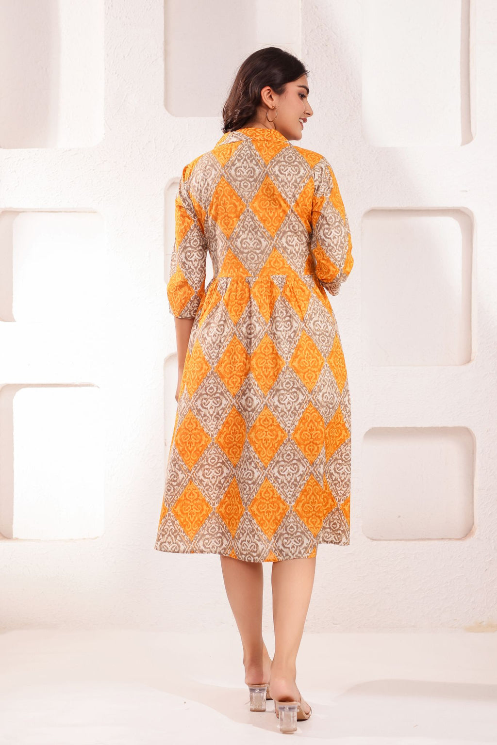 Designer Coat Collar Printed Midi Dress