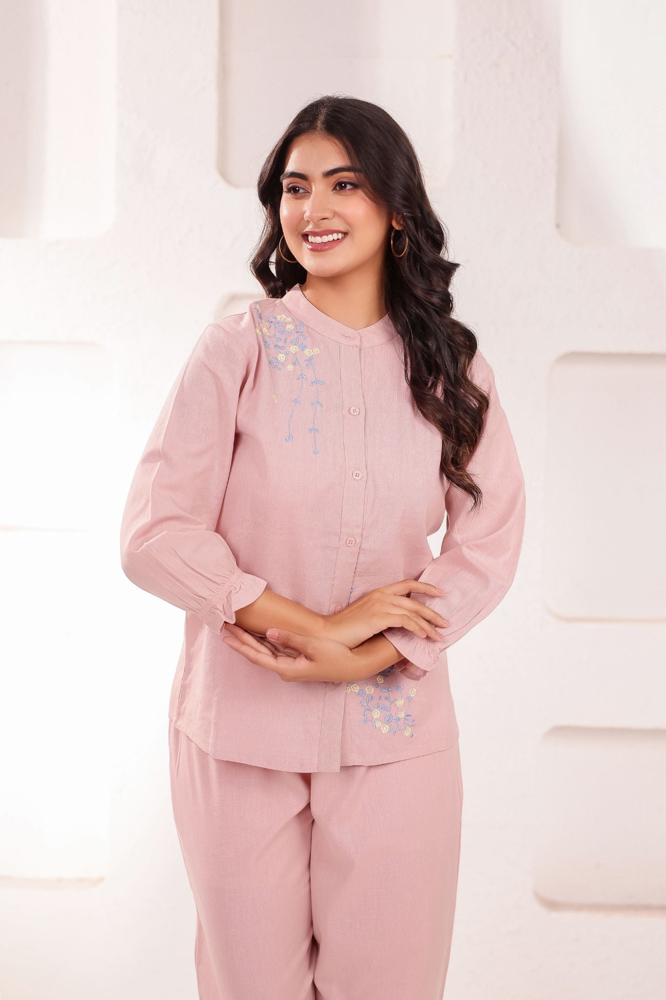 Floral Chinese Collar Embroidered Co-ord Set