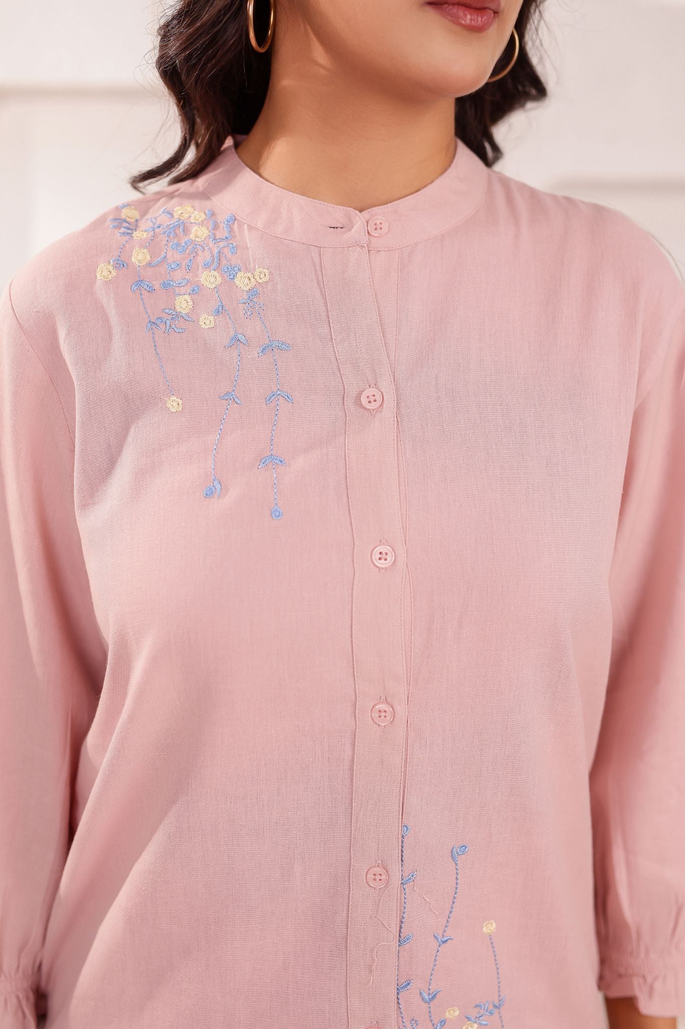 Floral Chinese Collar Embroidered Co-ord Set