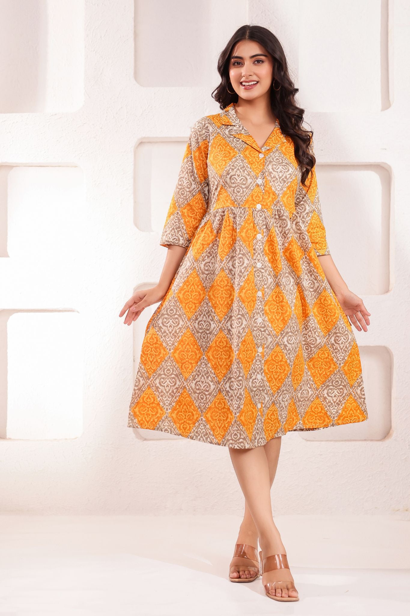 Designer Coat Collar Printed Midi Dress