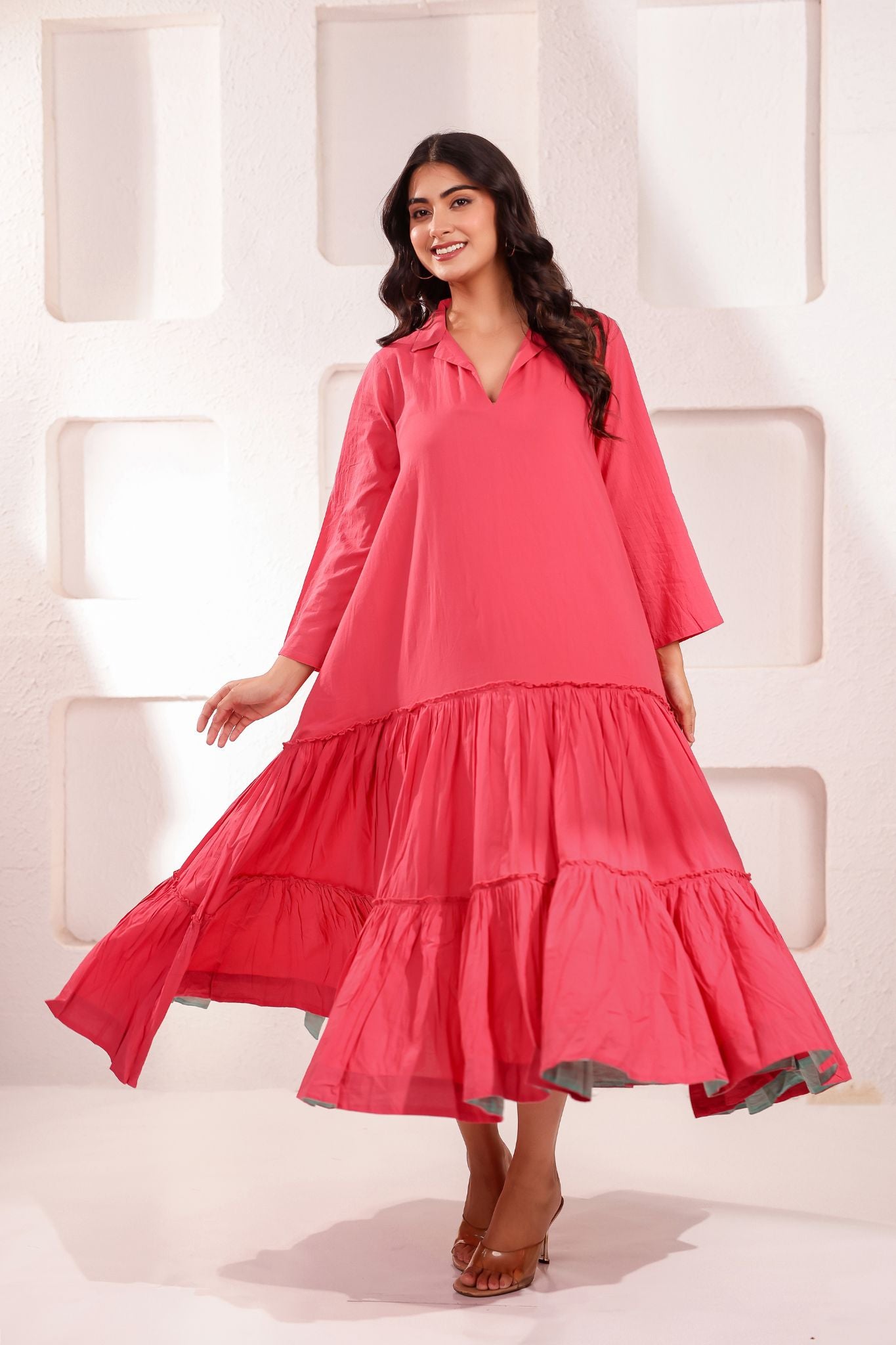 Premium V-Neck Tiered Midi Dress