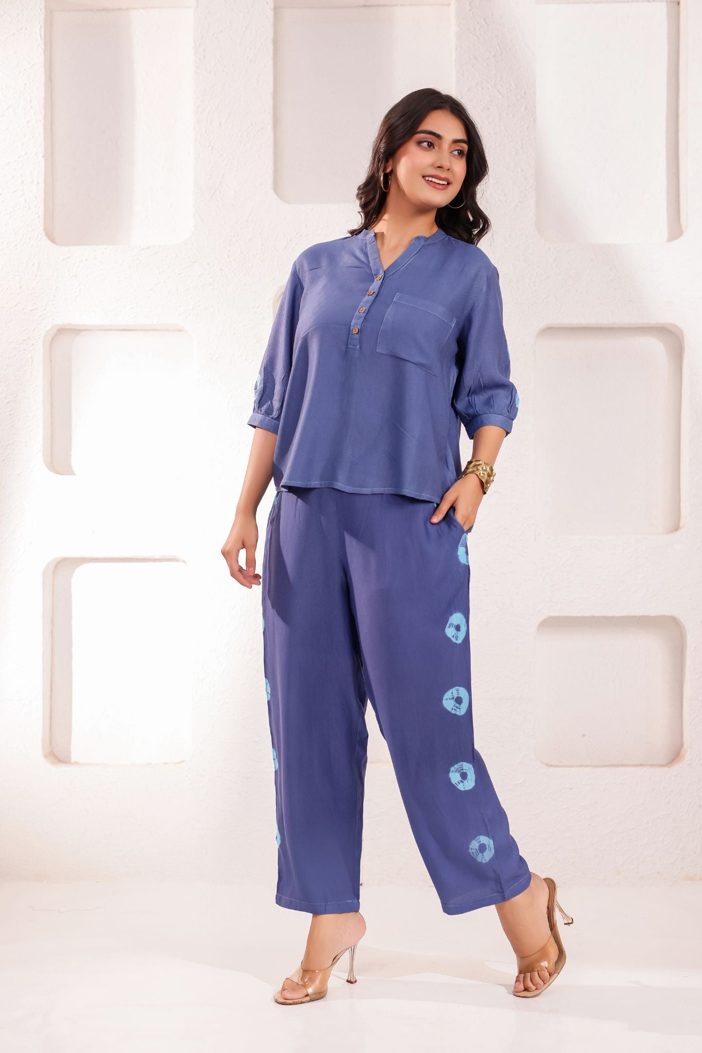 Elegant Blue Chinese Collar Midi Dress