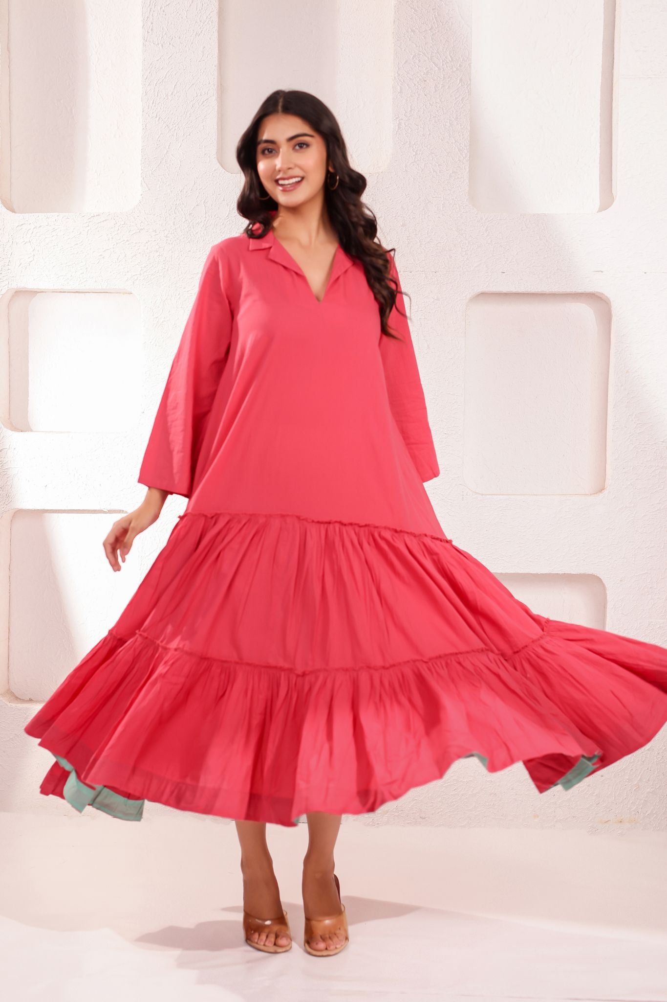 Premium V-Neck Tiered Midi Dress