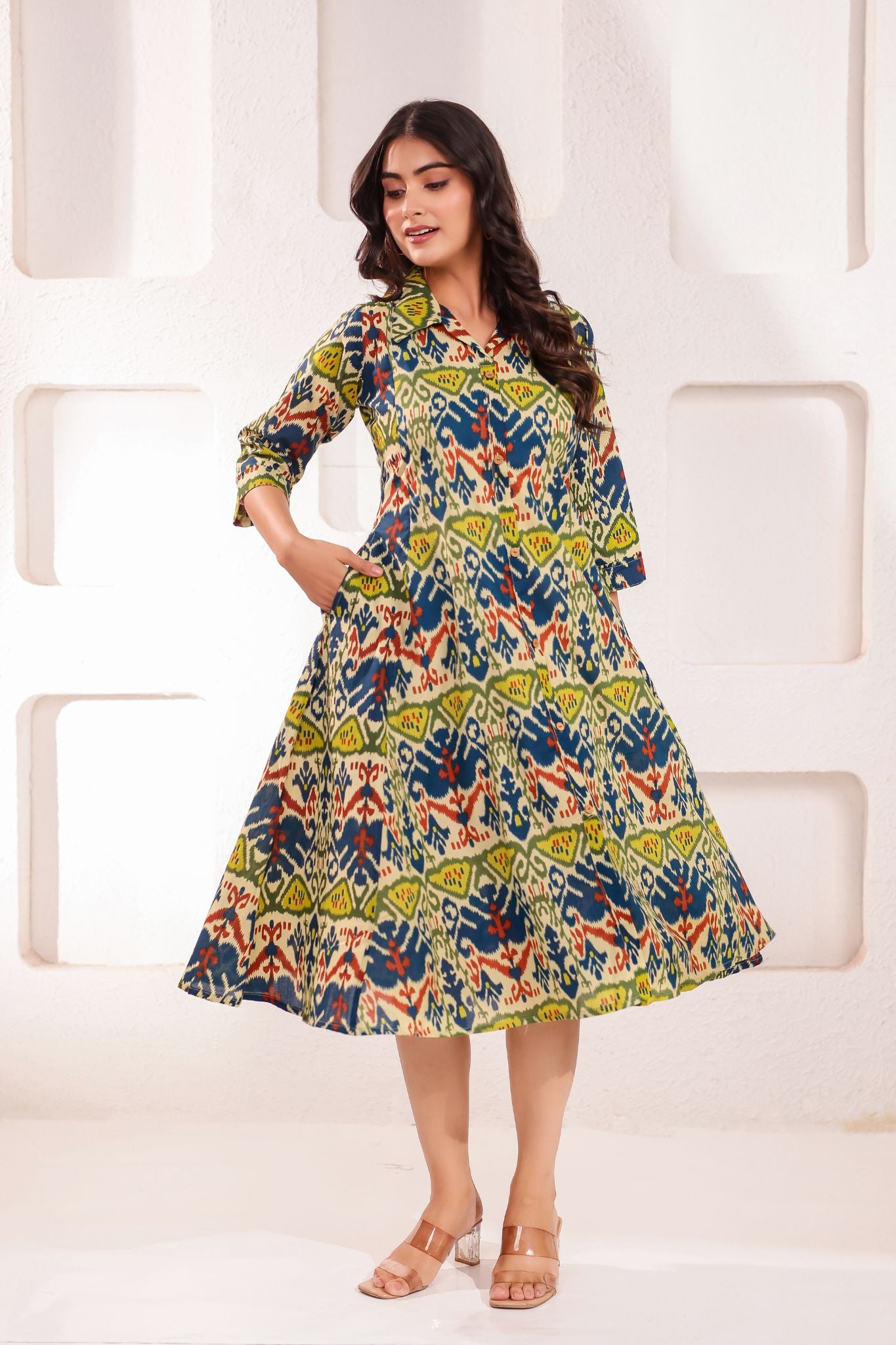 Designer Shirt Collar Printed Midi Dress