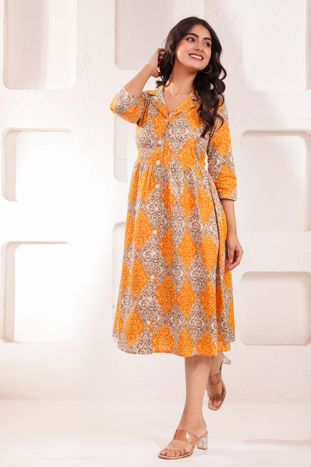 Designer Coat Collar Printed Midi Dress