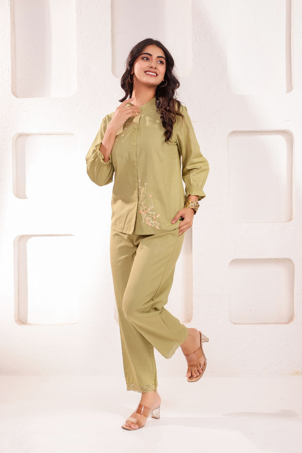 Floral Chinese Collar Embroidered Co-ord Set