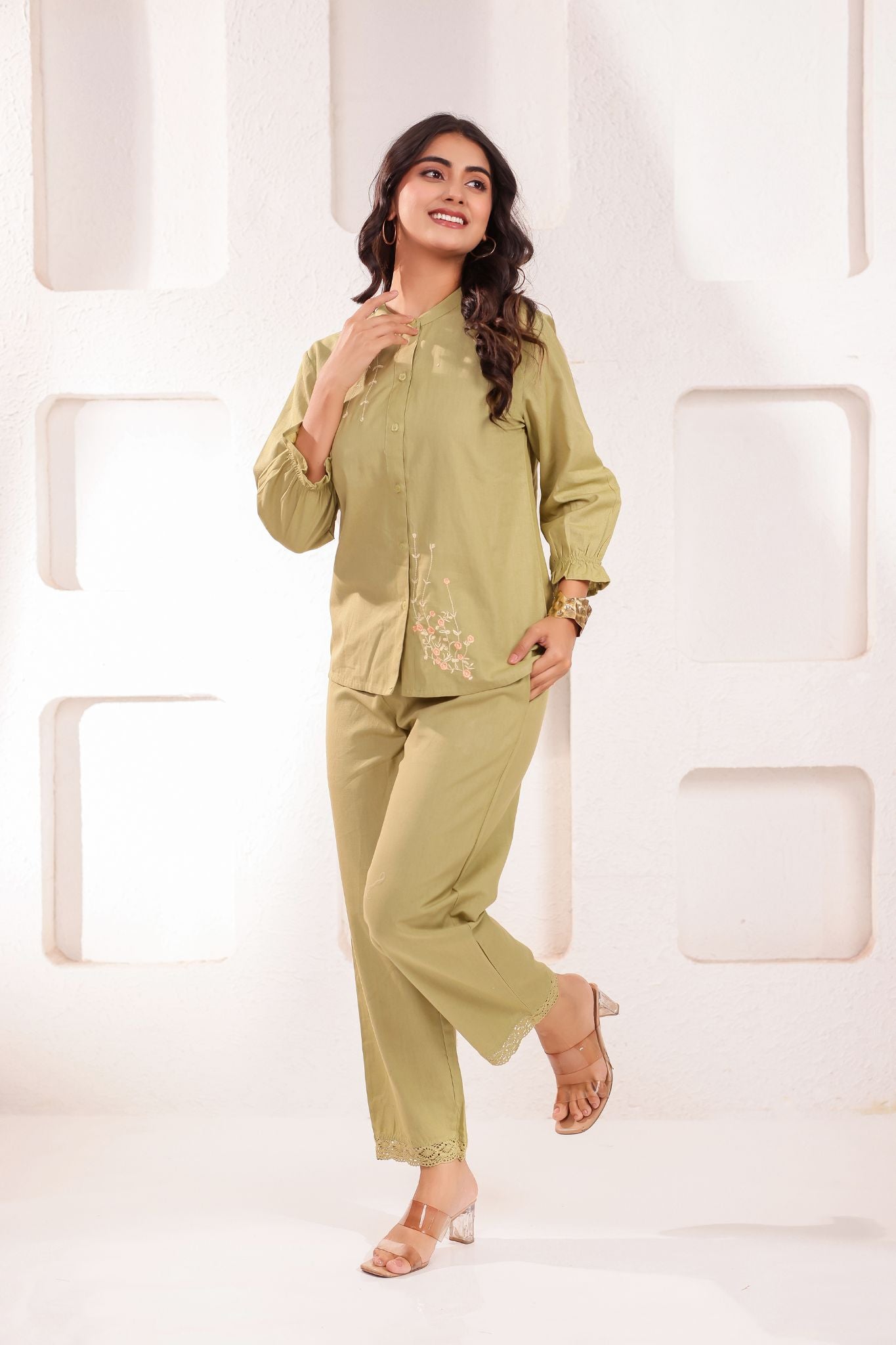 Floral Chinese Collar Embroidered Co-ord Set