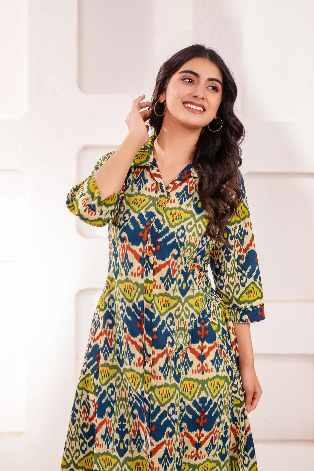 Designer Shirt Collar Printed Midi Dress