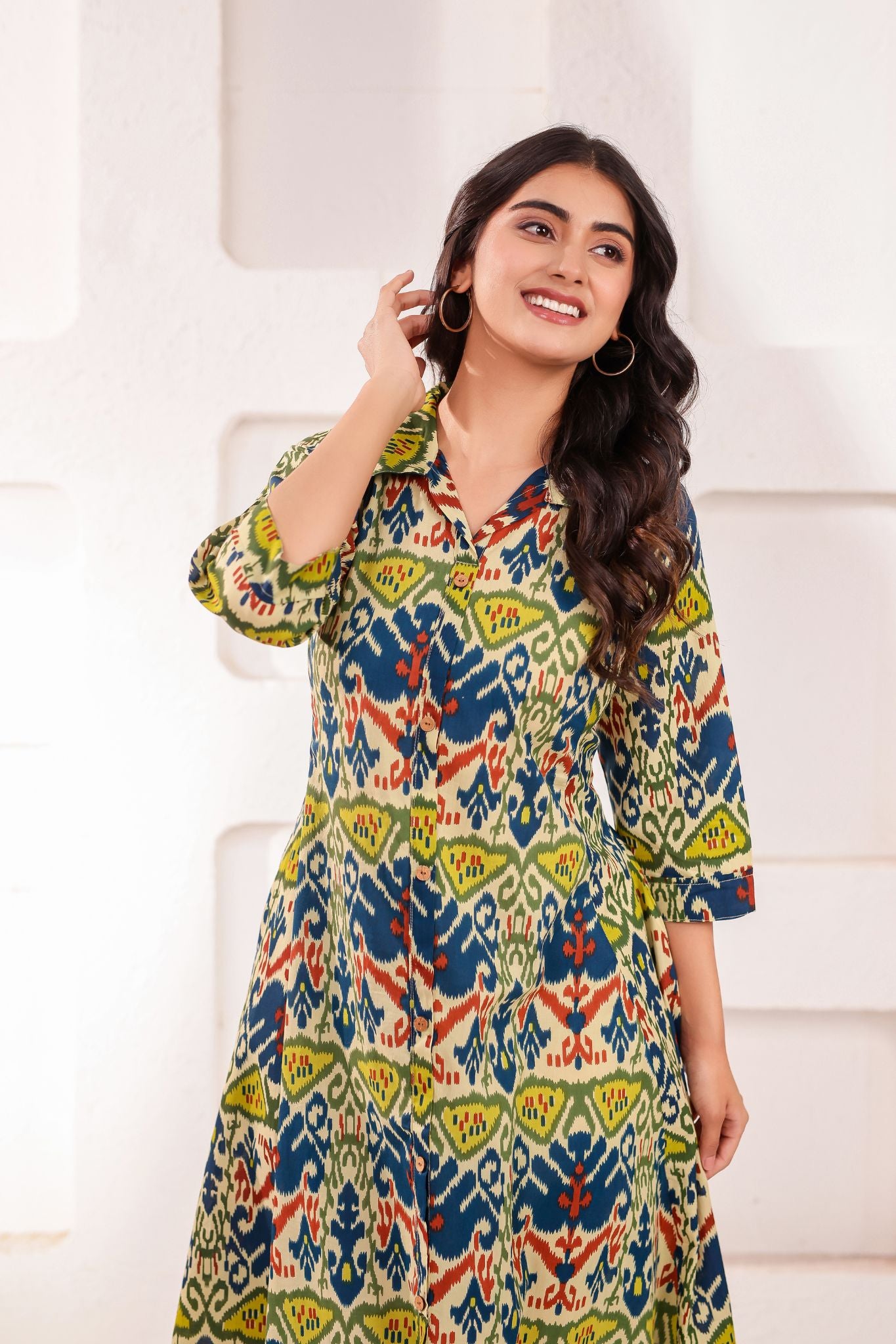 Designer Shirt Collar Printed Midi Dress