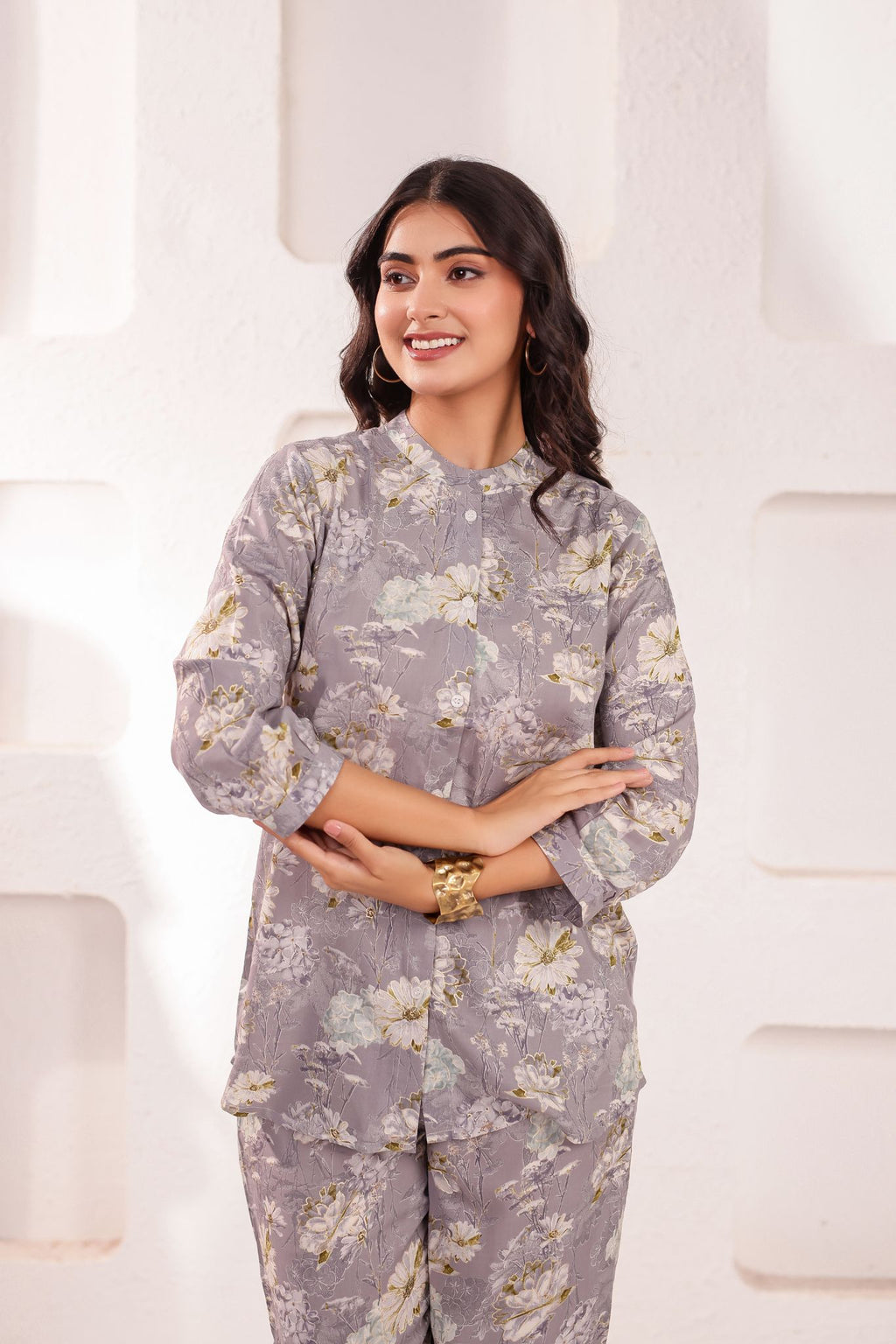 Floral A-Line Chinese Collar Printed Co-ord Set
