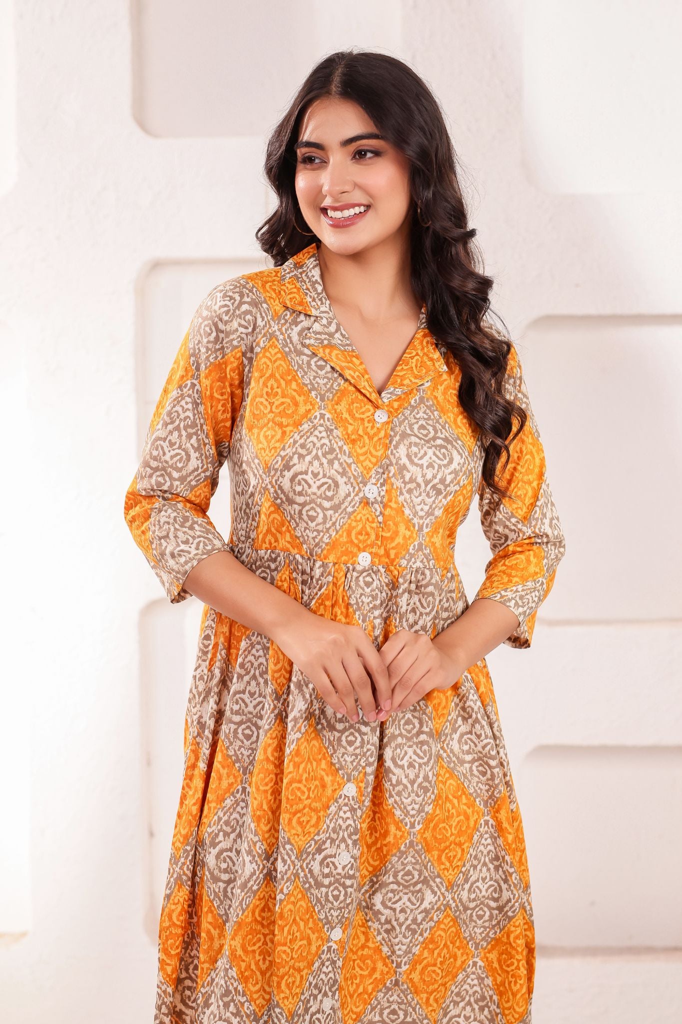 Designer Coat Collar Printed Midi Dress