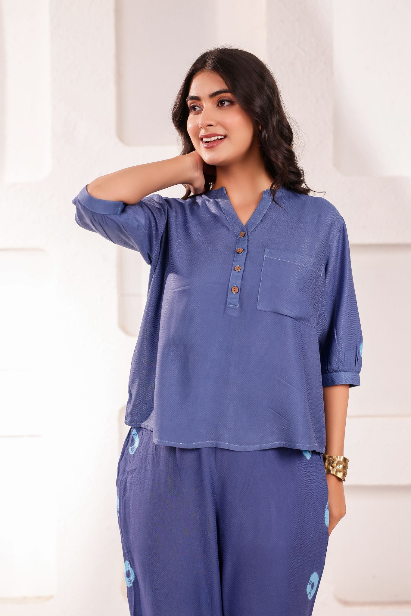 Elegant Blue Chinese Collar Midi Dress