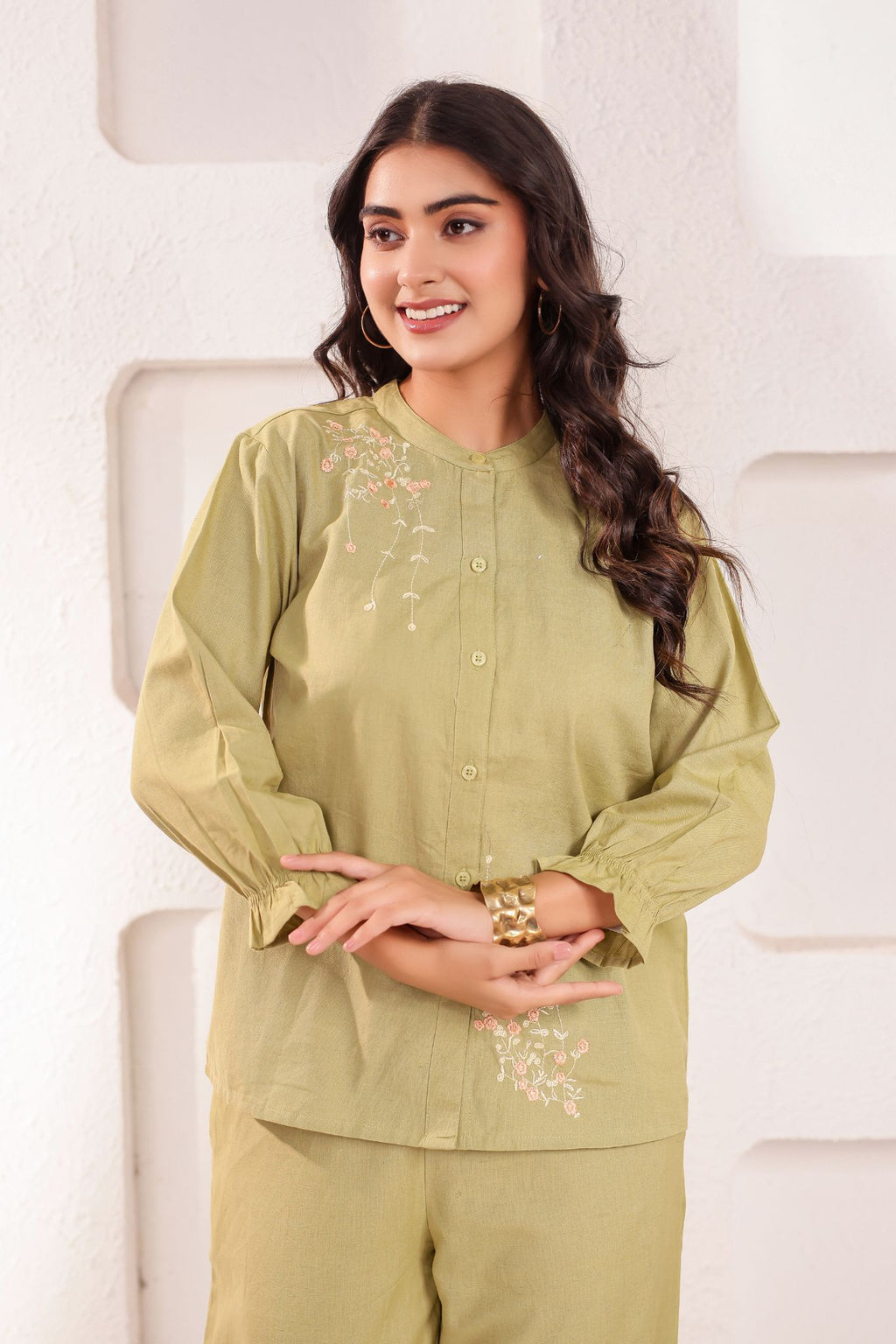 Floral Chinese Collar Embroidered Co-ord Set