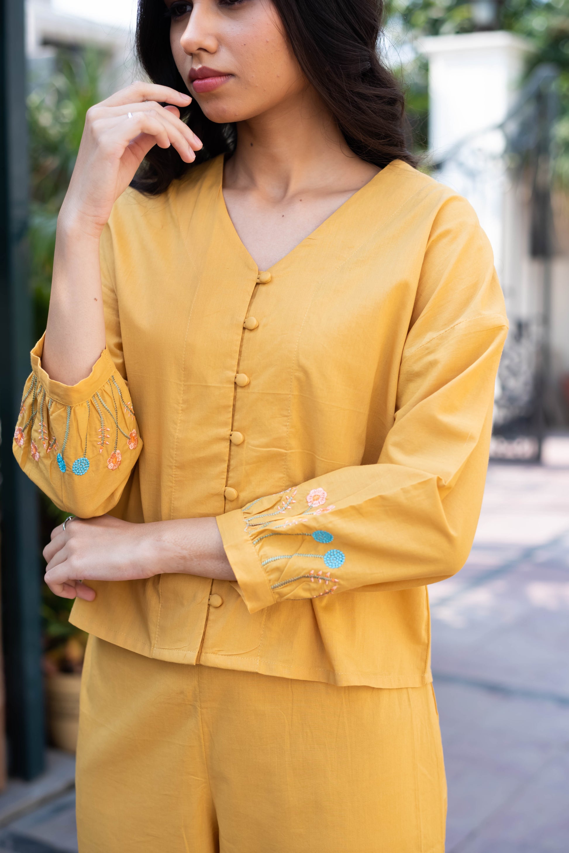 Mustard Yellow Buttoned Coord Set with Embroidered Sleeves