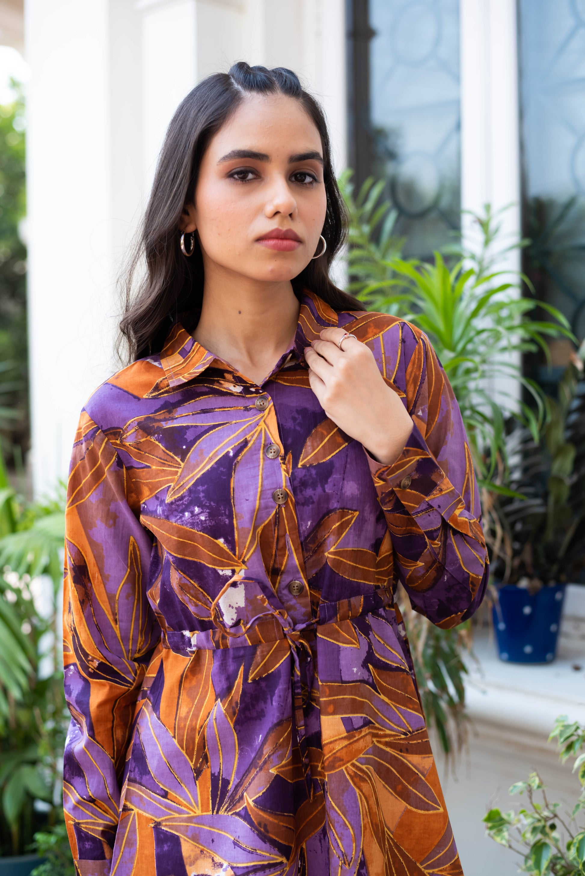 Tropical Sunset Leaf Print Shirt Dress