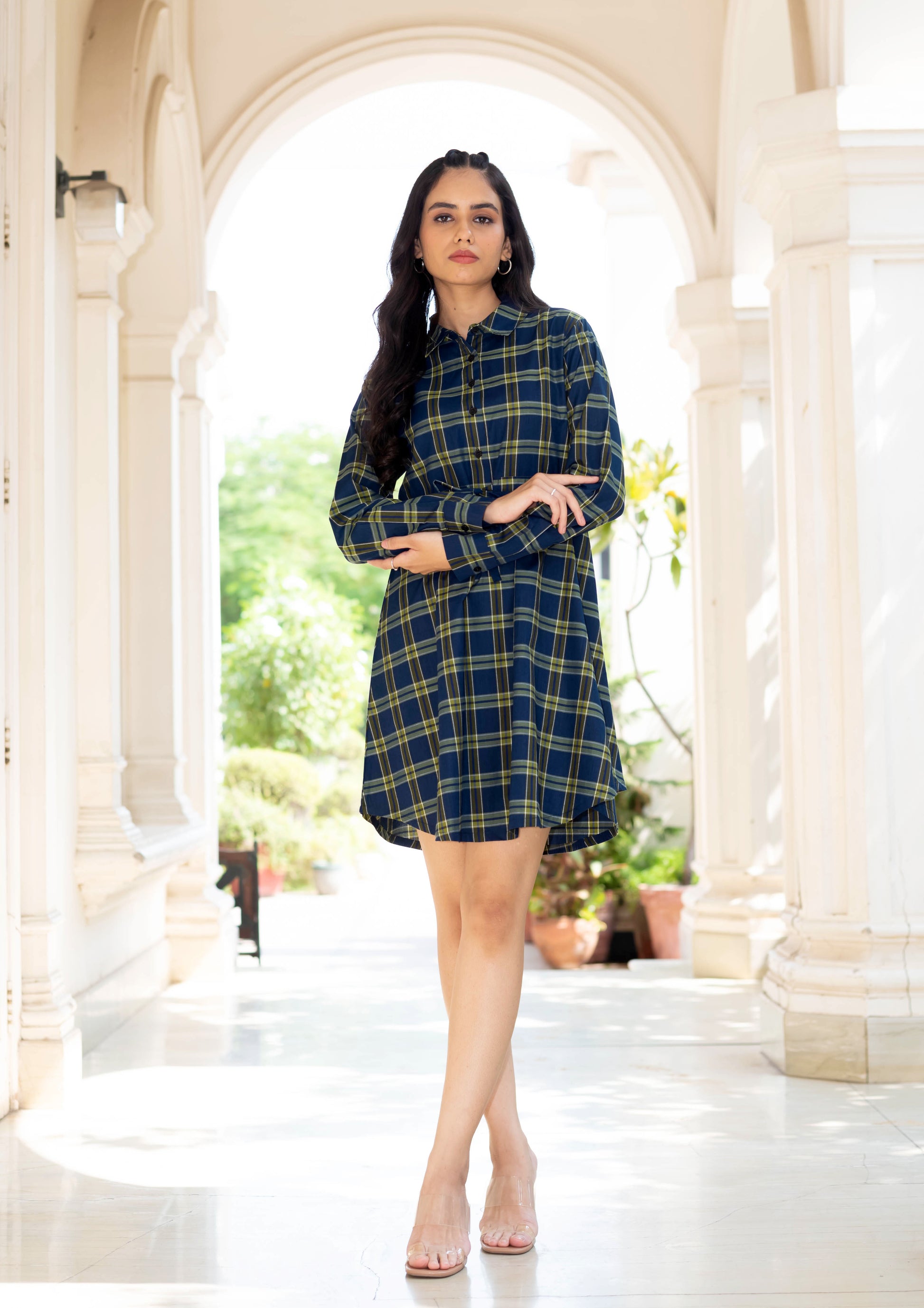 Navy & Mustard Plaid Shirt Dress
