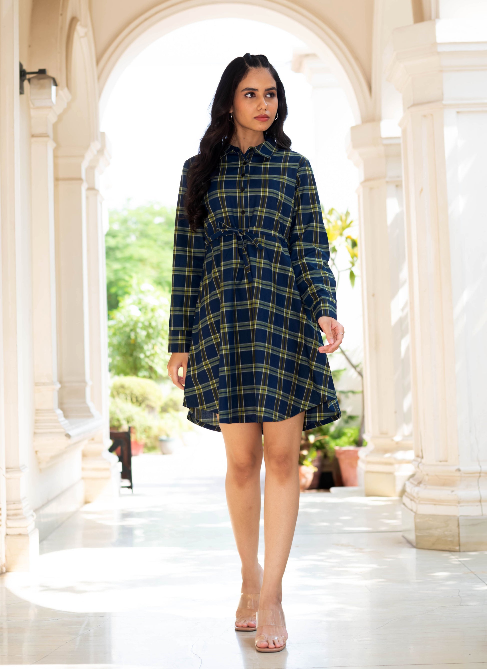 Navy & Mustard Plaid Shirt Dress