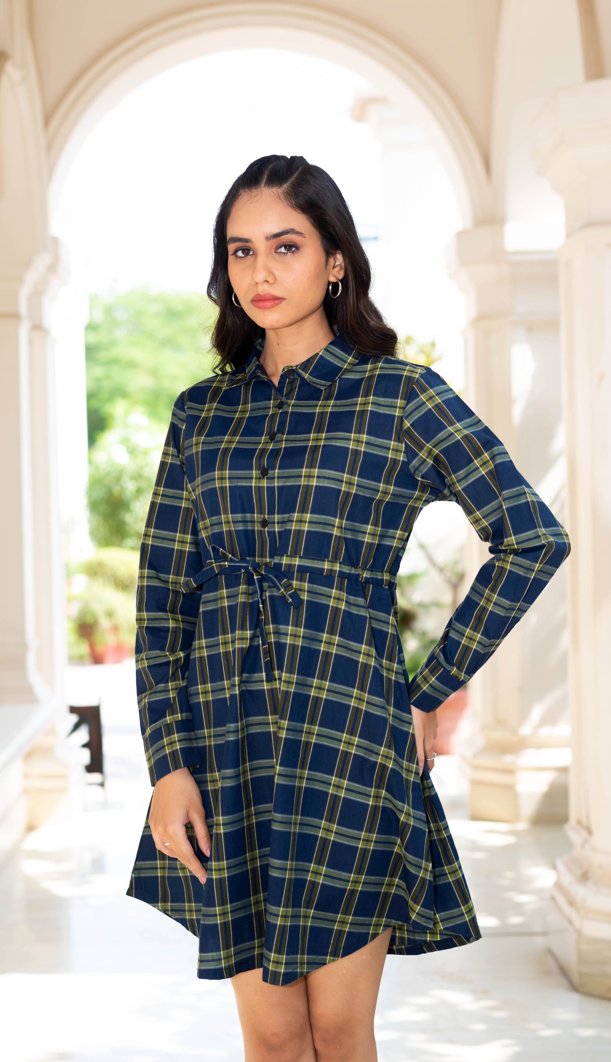 Navy & Mustard Plaid Shirt Dress