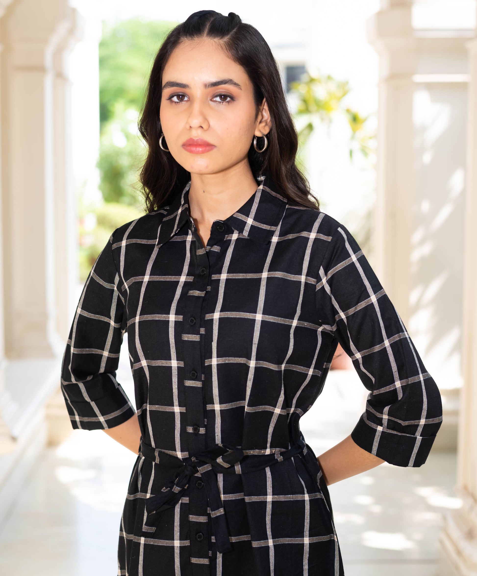 Black & White Grid Check Belted Shirt Dress