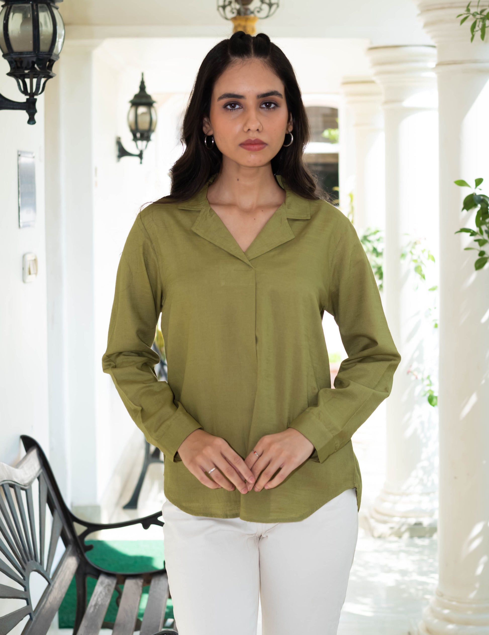 Olive Green Notch Collar Shirt